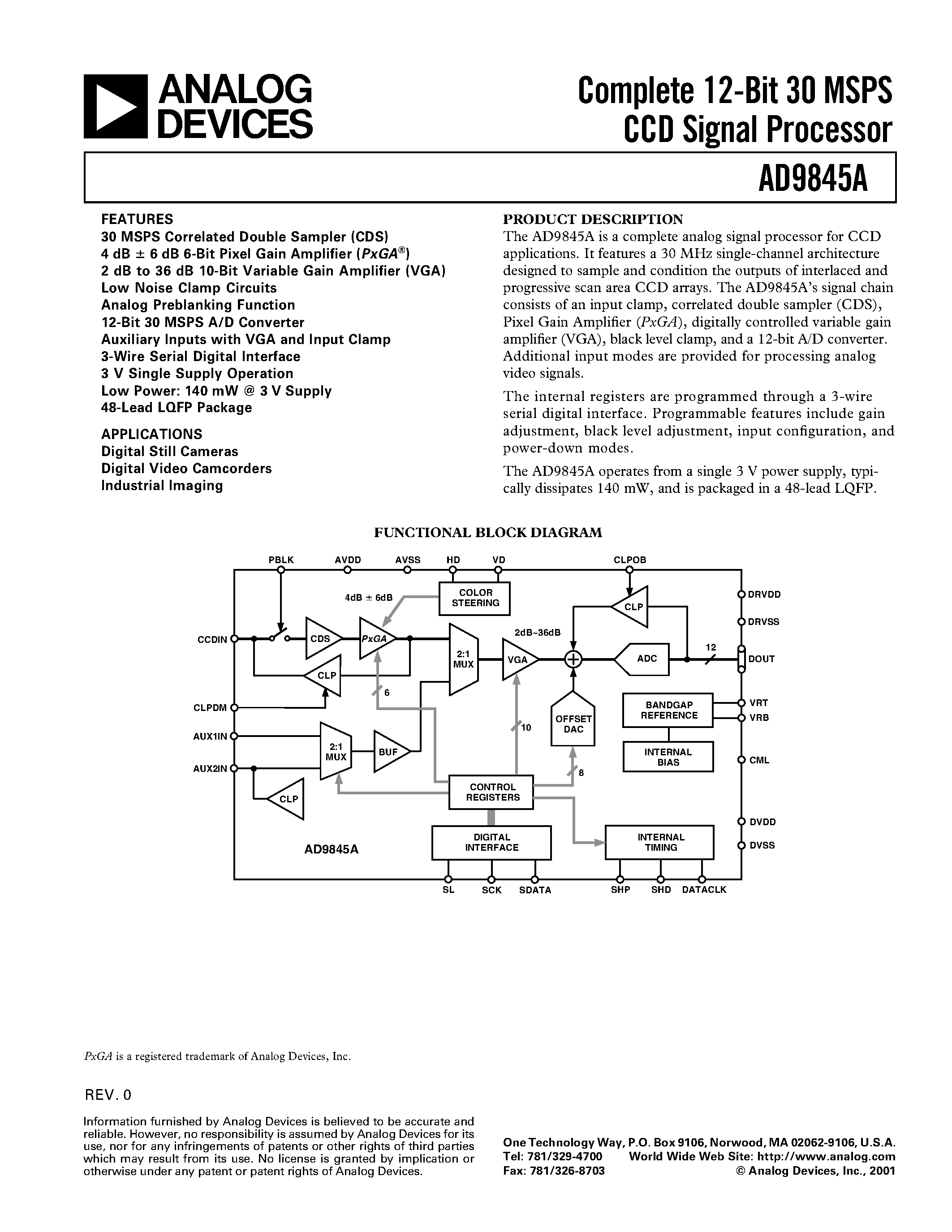 Datasheet AD9845AJST - Complete 12-Bit 30 MSPS CCD Signal Processor page 1