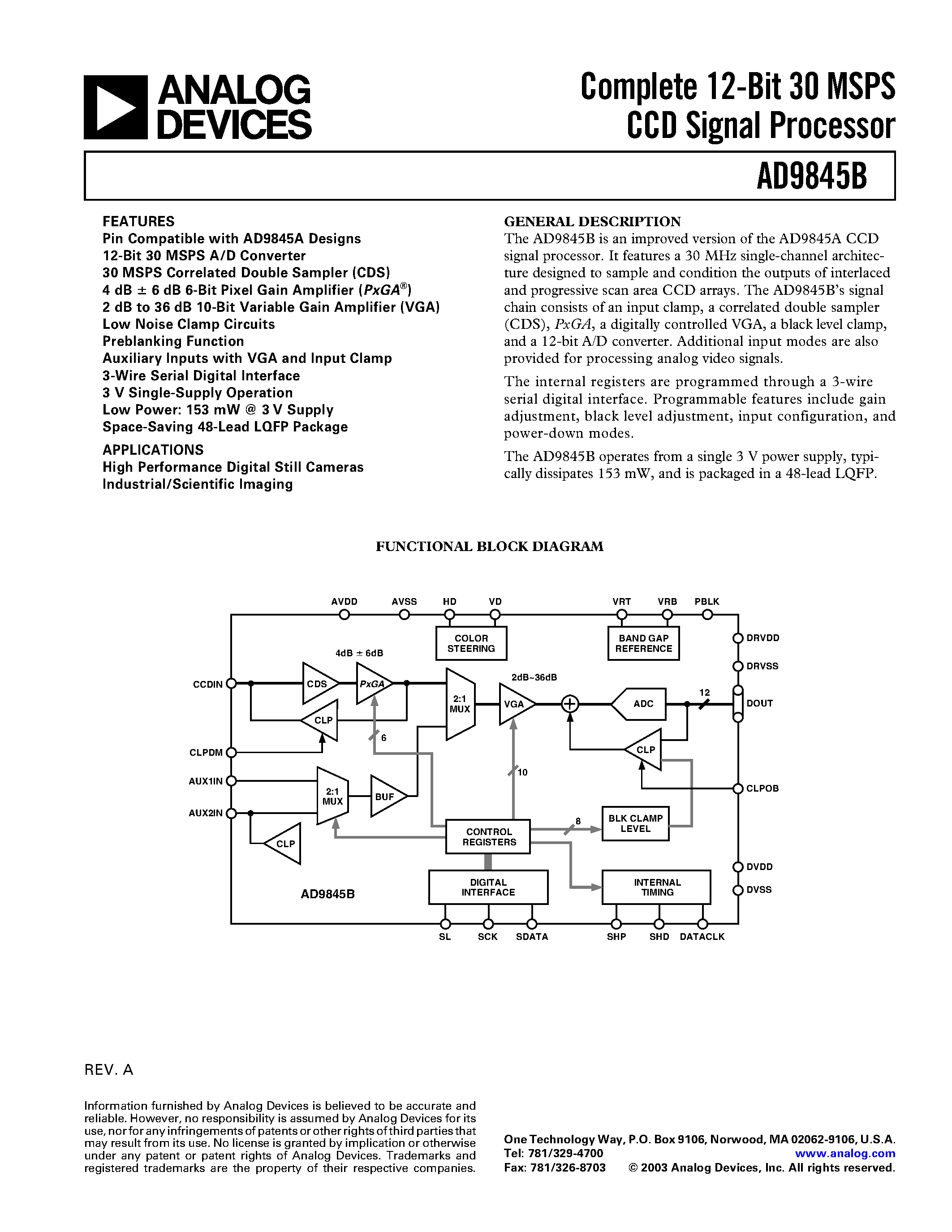 Datasheet AD9845B - Complete 12-Bit 30 MSPS CCD Signal Processor page 1