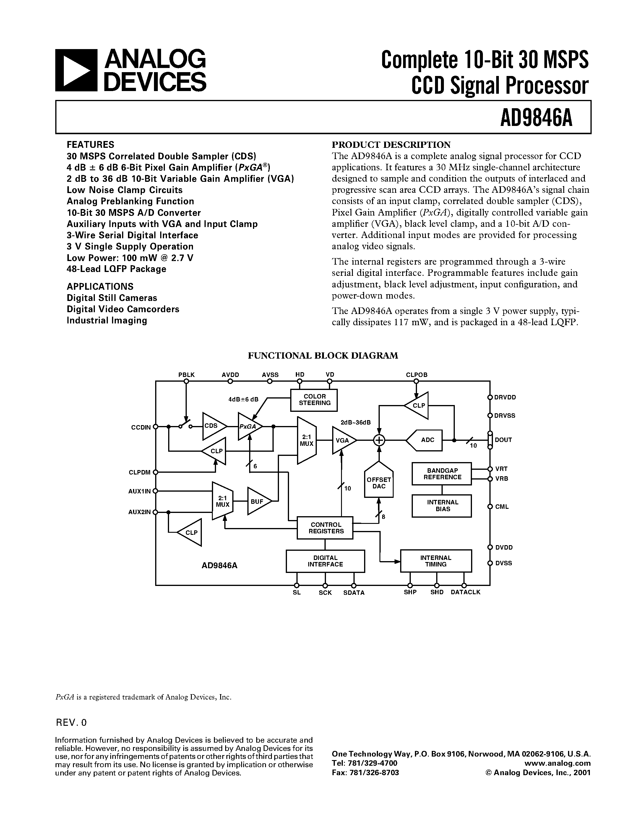 Datasheet AD9846A - Complete 10-Bit 30 MSPS CCD Signal Processor page 1