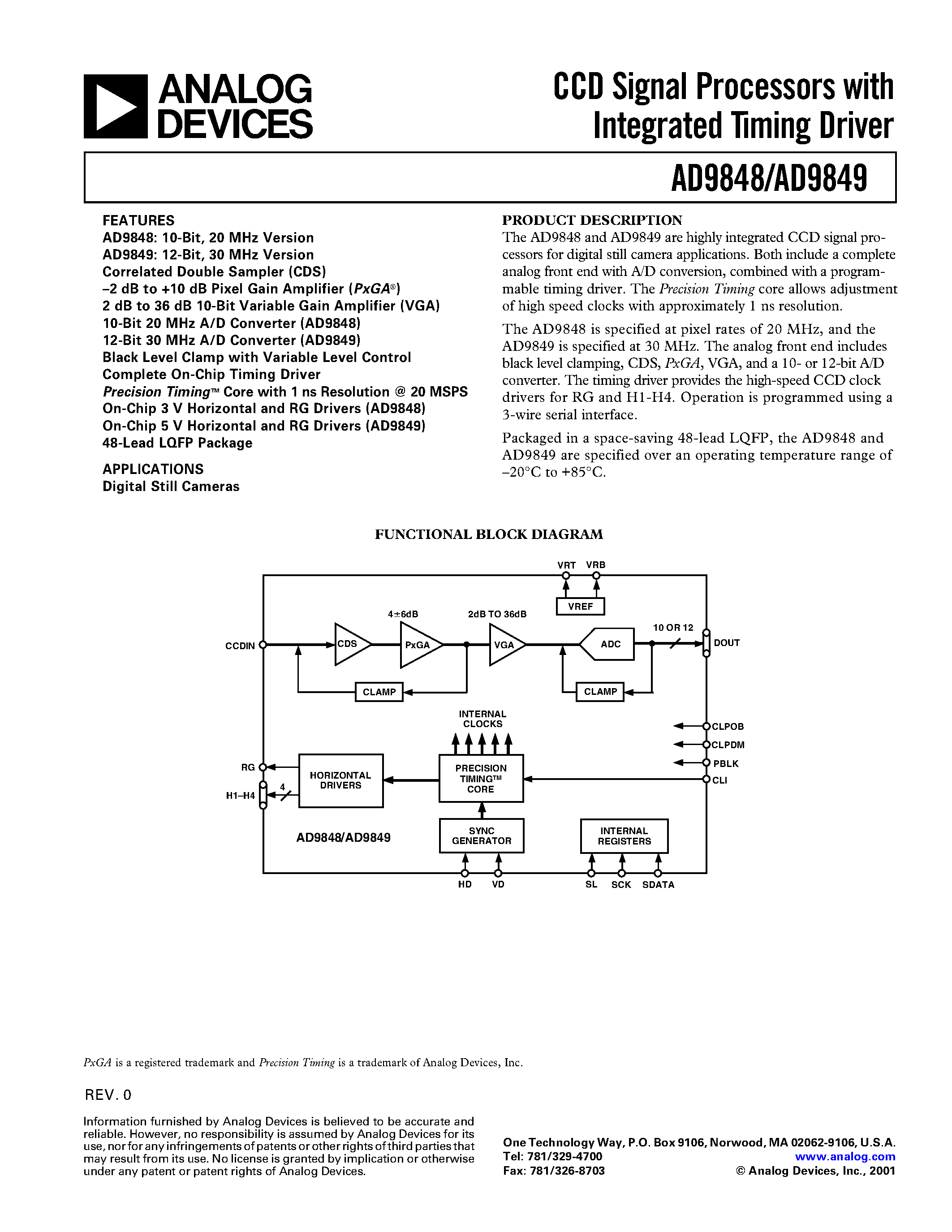 Datasheet AD9848 - CCD Signal Processors with Integrated Timing Driver page 1