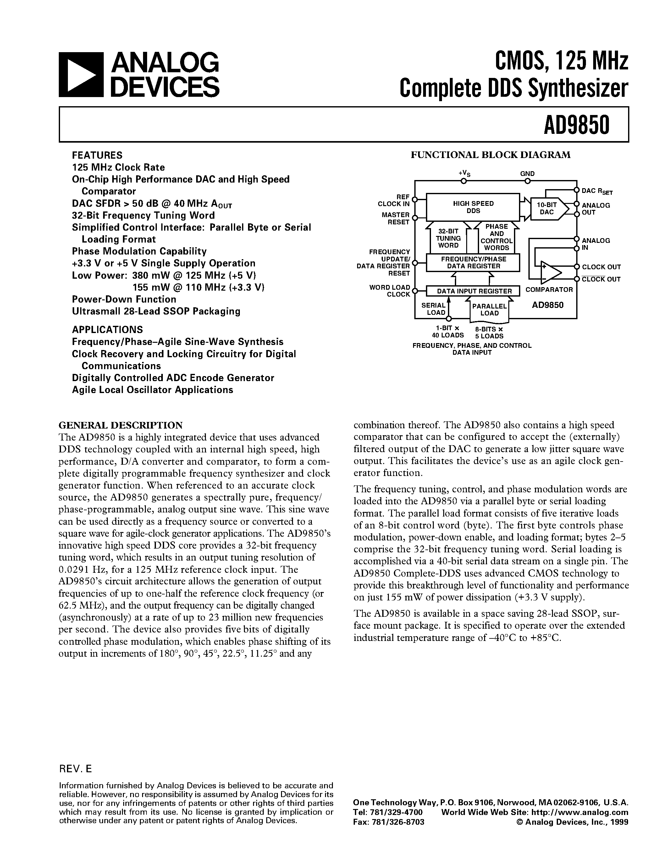 Datasheet AD9850 - CMOS/ 125 MHz Complete DDS Synthesizer page 1