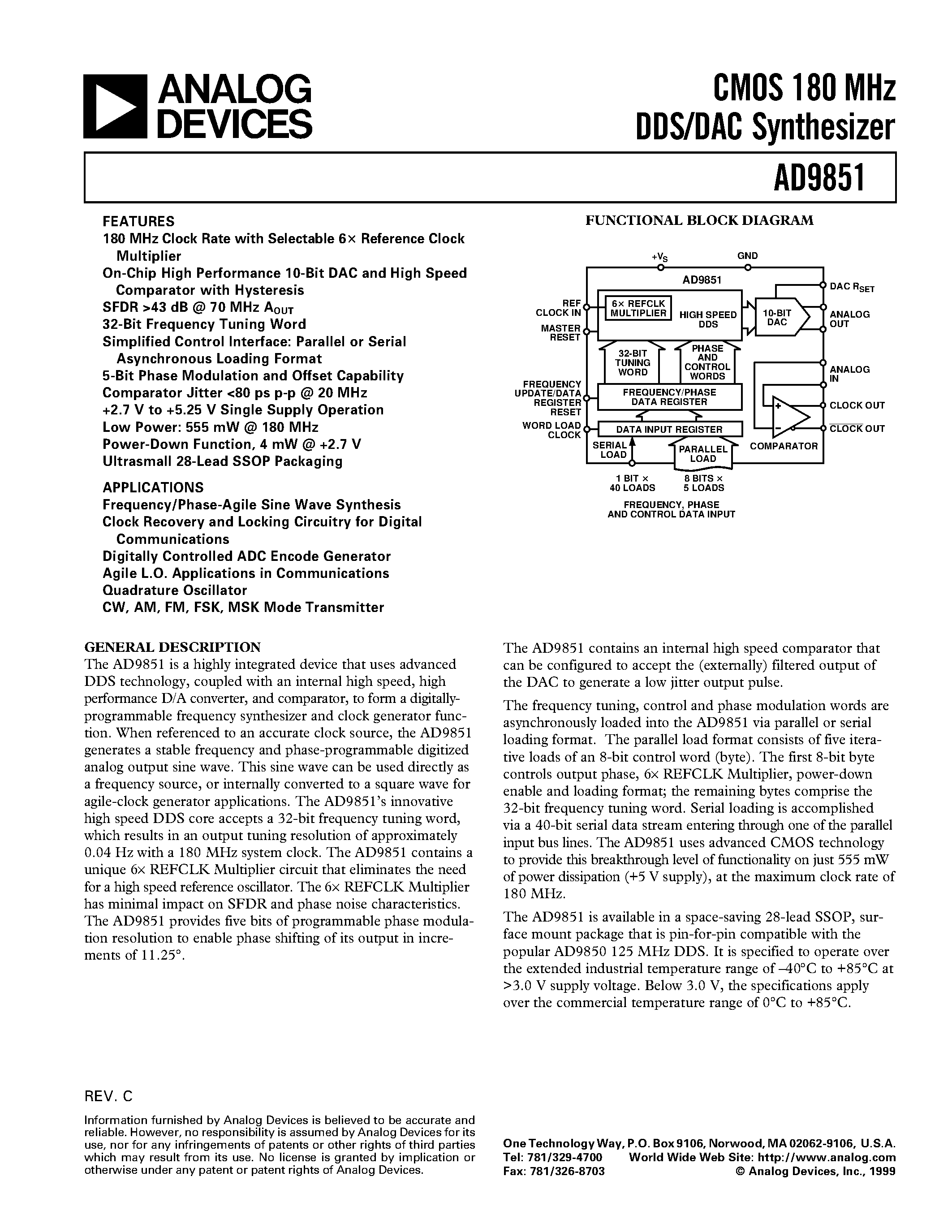 Datasheet AD9851 - CMOS 180 MHz DDS/DAC Synthesizer page 1