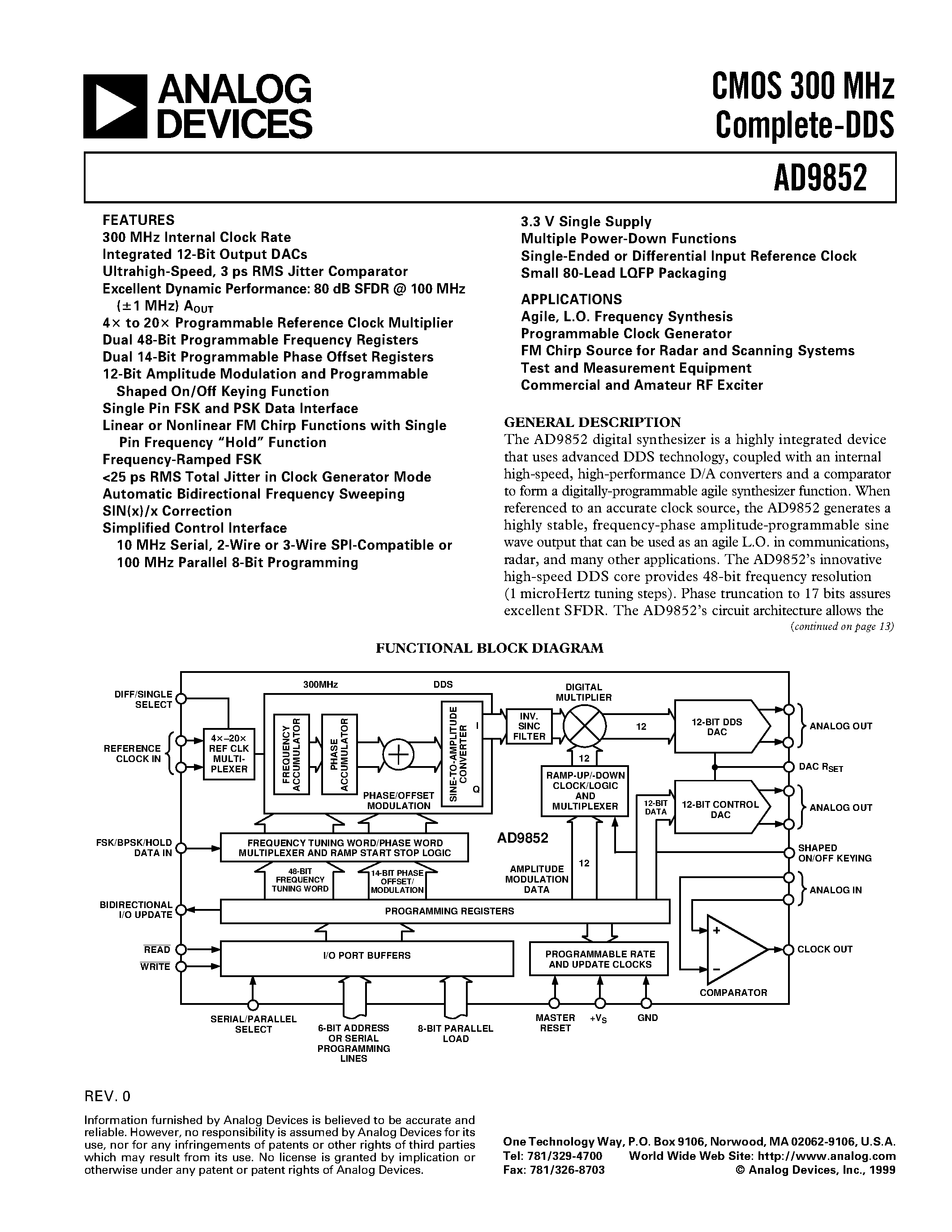 Datasheet AD9852 - CMOS 300 MHz Complete-DDS page 1