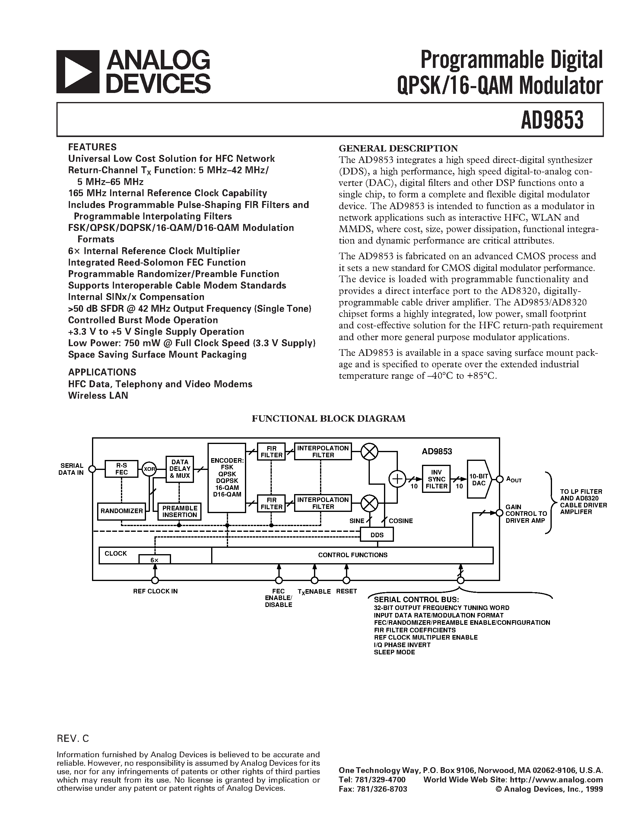 Datasheet AD9853 - Programmable Digital OPSK/16-QAM Modulator page 1