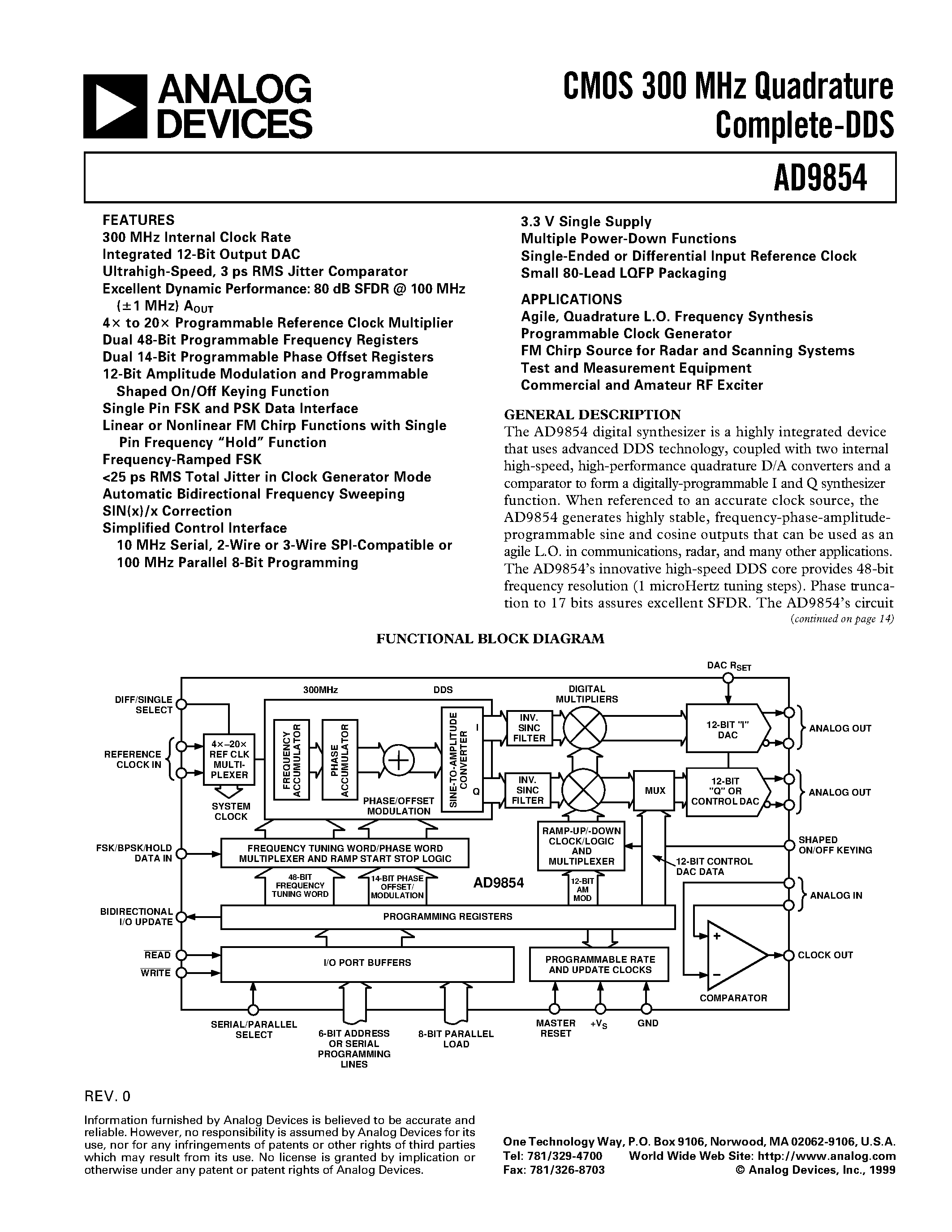 Datasheet AD9854 - CMOS 300 MHz Quadrature Complete-DDS page 1