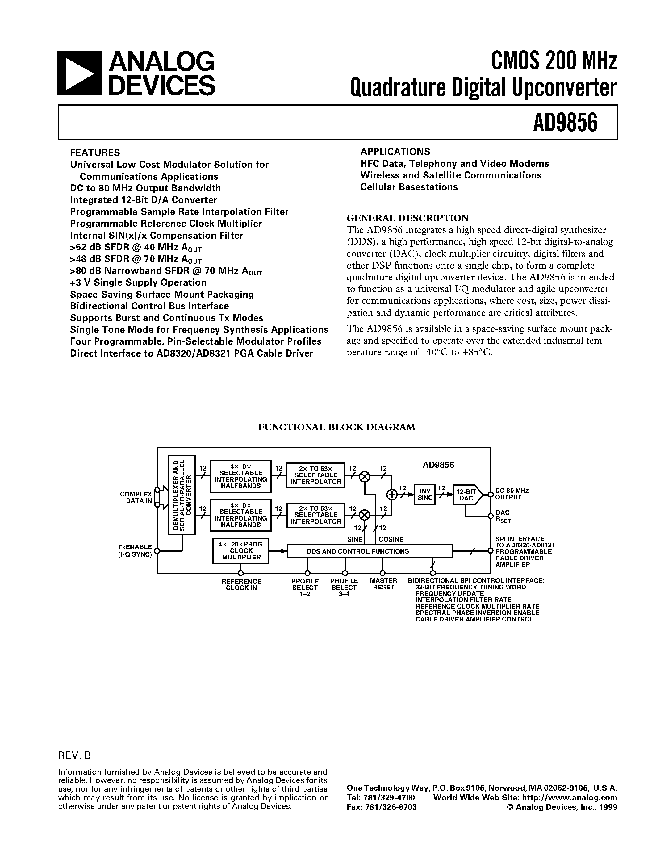 Datasheet AD9856AST - CMOS 200 MHz Quadrature Digital Upconverter page 1