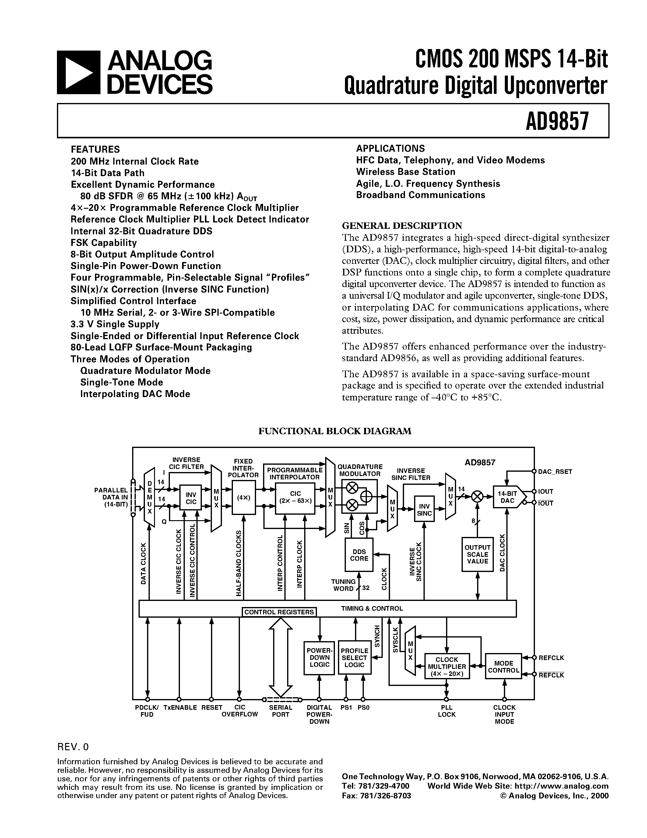 Datasheet AD9857 - CMOS 200 MSPS 14-Bit Quadrature Digital Upconverter page 1