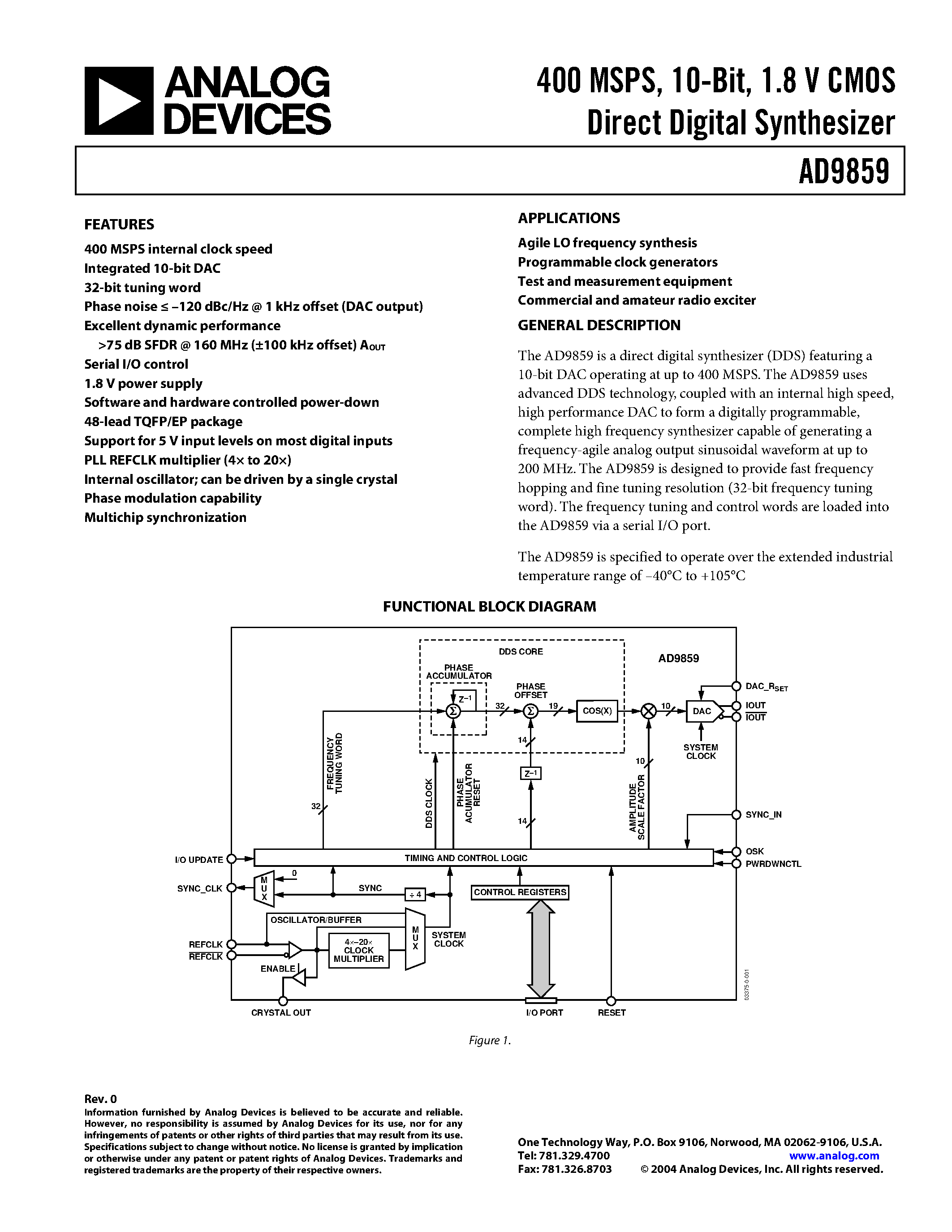 Datasheet AD9859 - 400 MSPS/ 10-Bit/ 1.8 V CMOS Direct Digital Synthesizer page 1