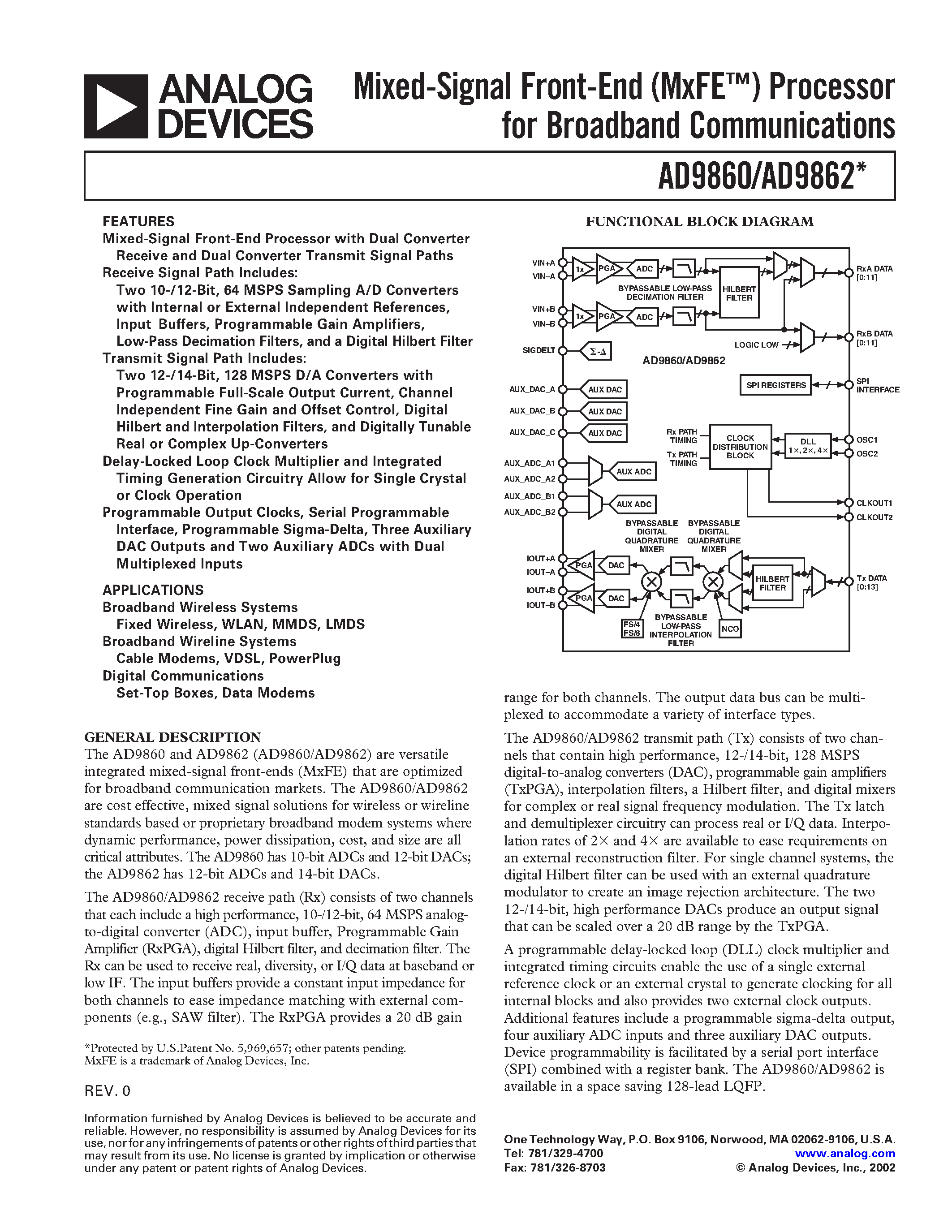 Datasheet AD9860 - Mixed-Signal Front-End (MxFE) Processor for Broadband Communications page 1