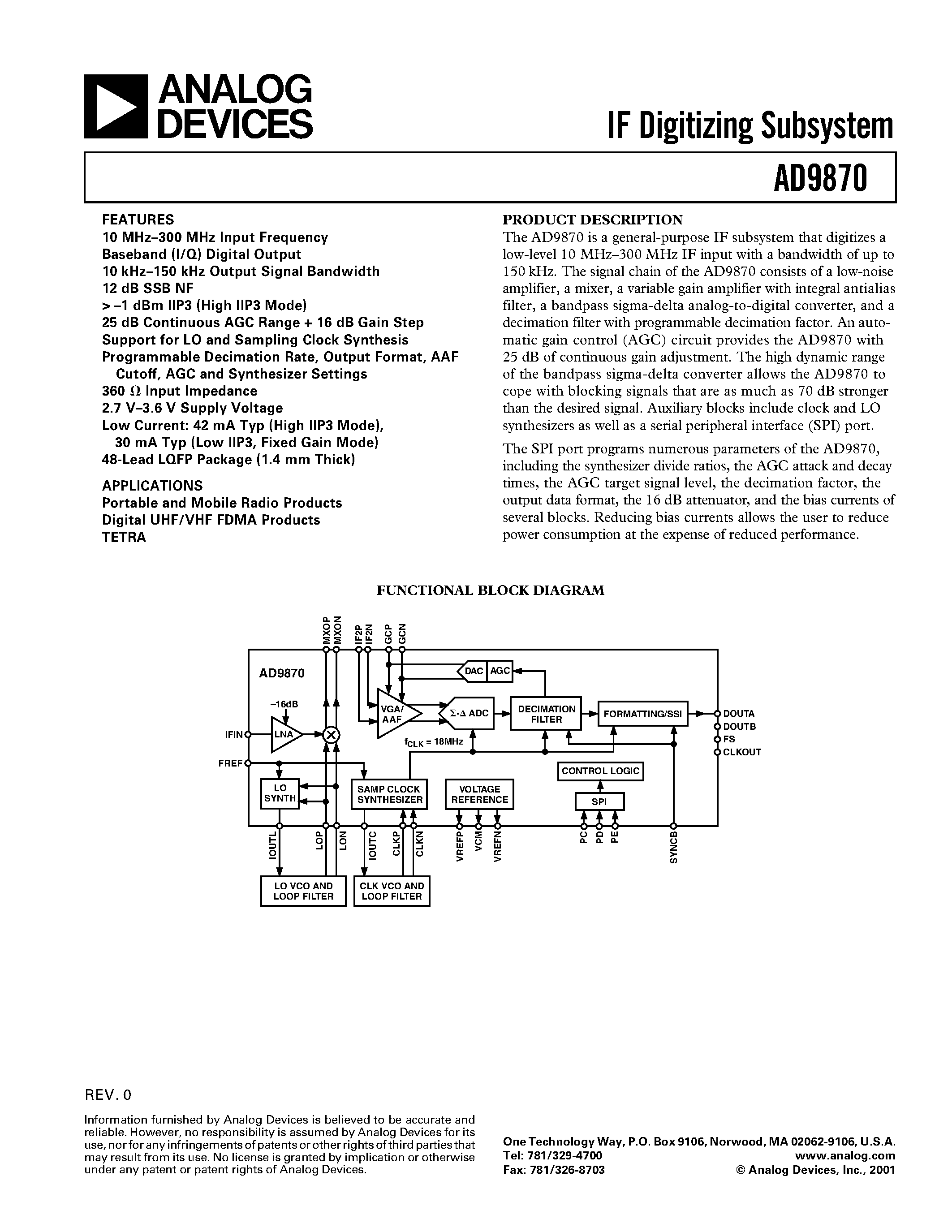 Datasheet AD9870 - IF Digitizing Subsystem page 1