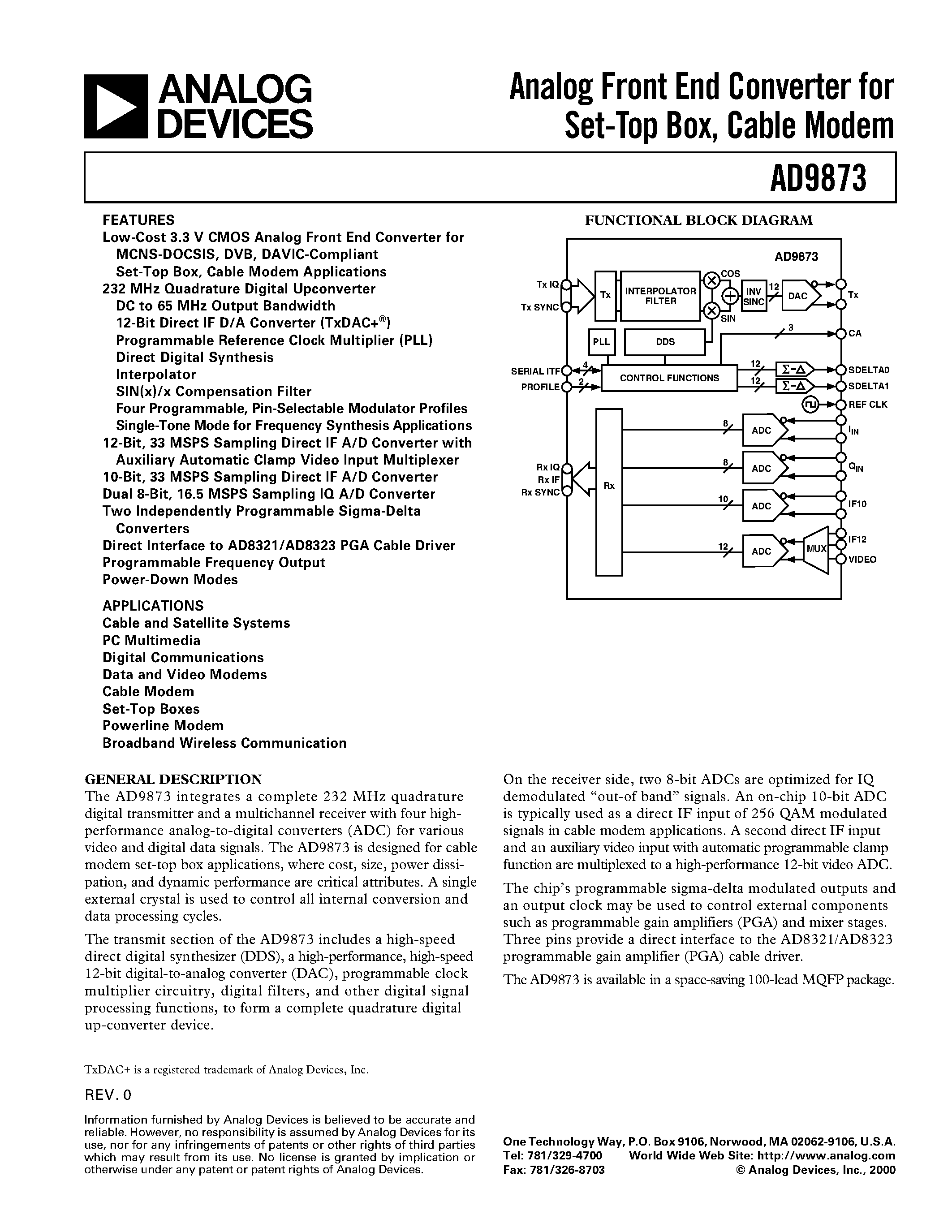 Datasheet AD9873 - Analog Front End Converter for Set-Top Box/ Cable Modem page 1