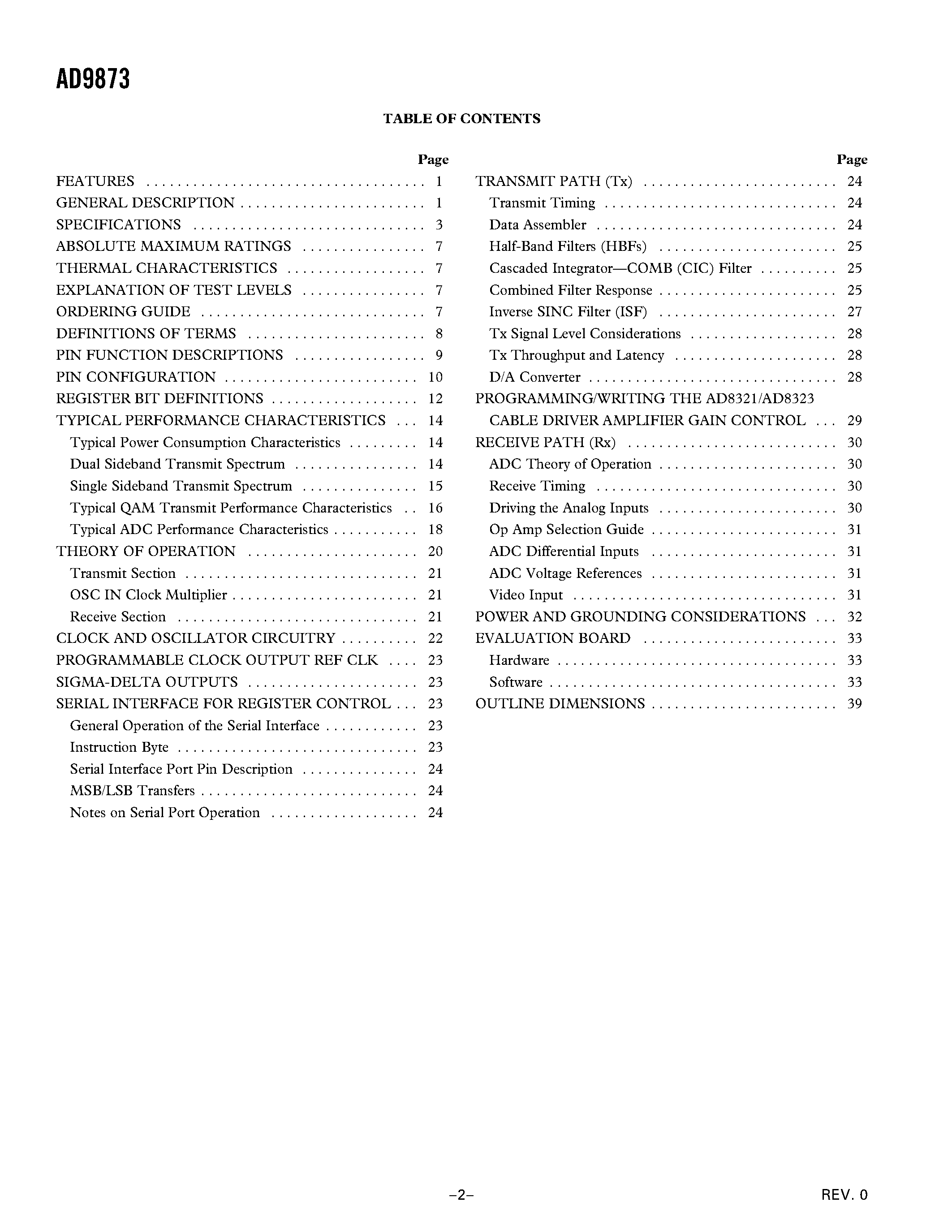 Datasheet AD9873 - Analog Front End Converter for Set-Top Box/ Cable Modem page 2