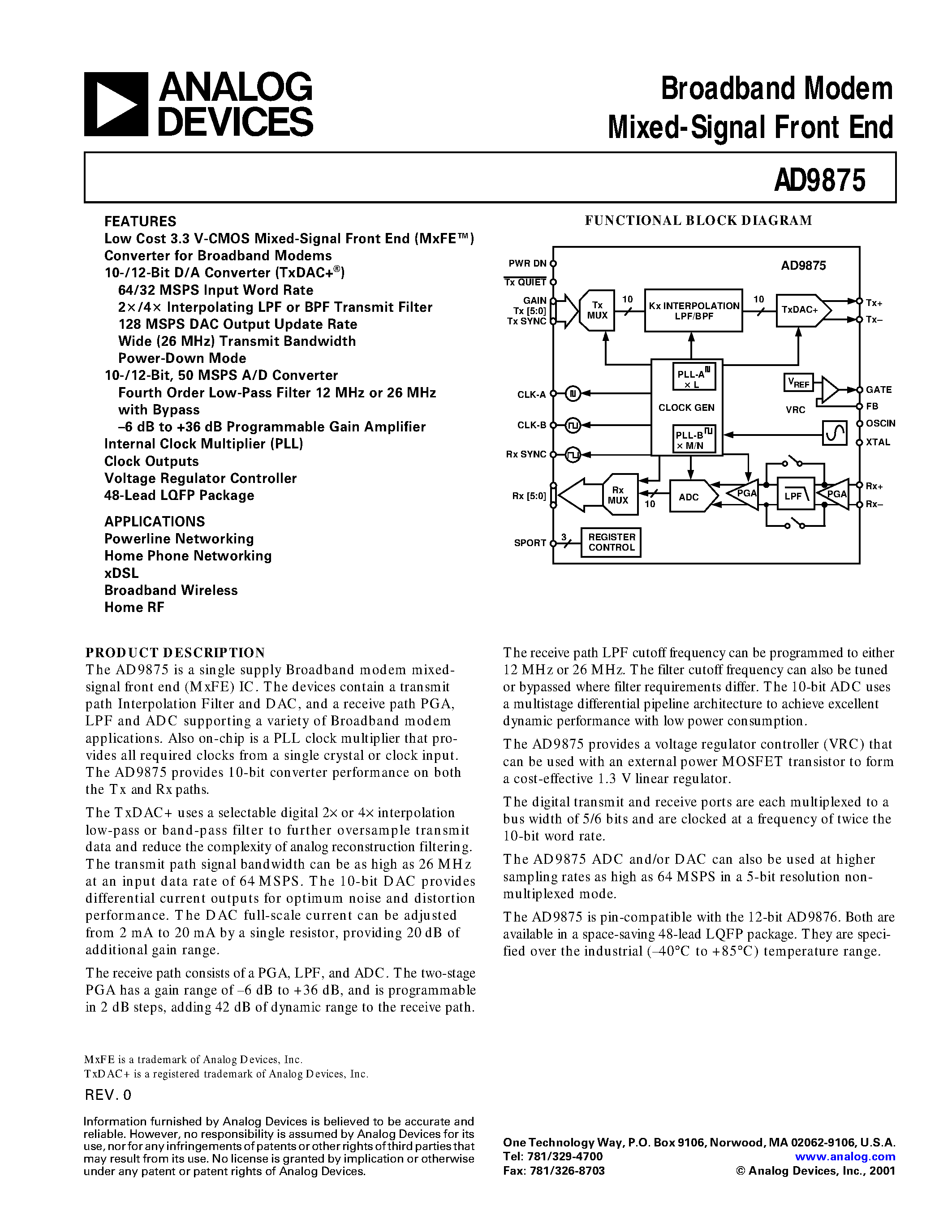 Datasheet AD9875 - Broadband Modem Mixed-Signal Front End page 1