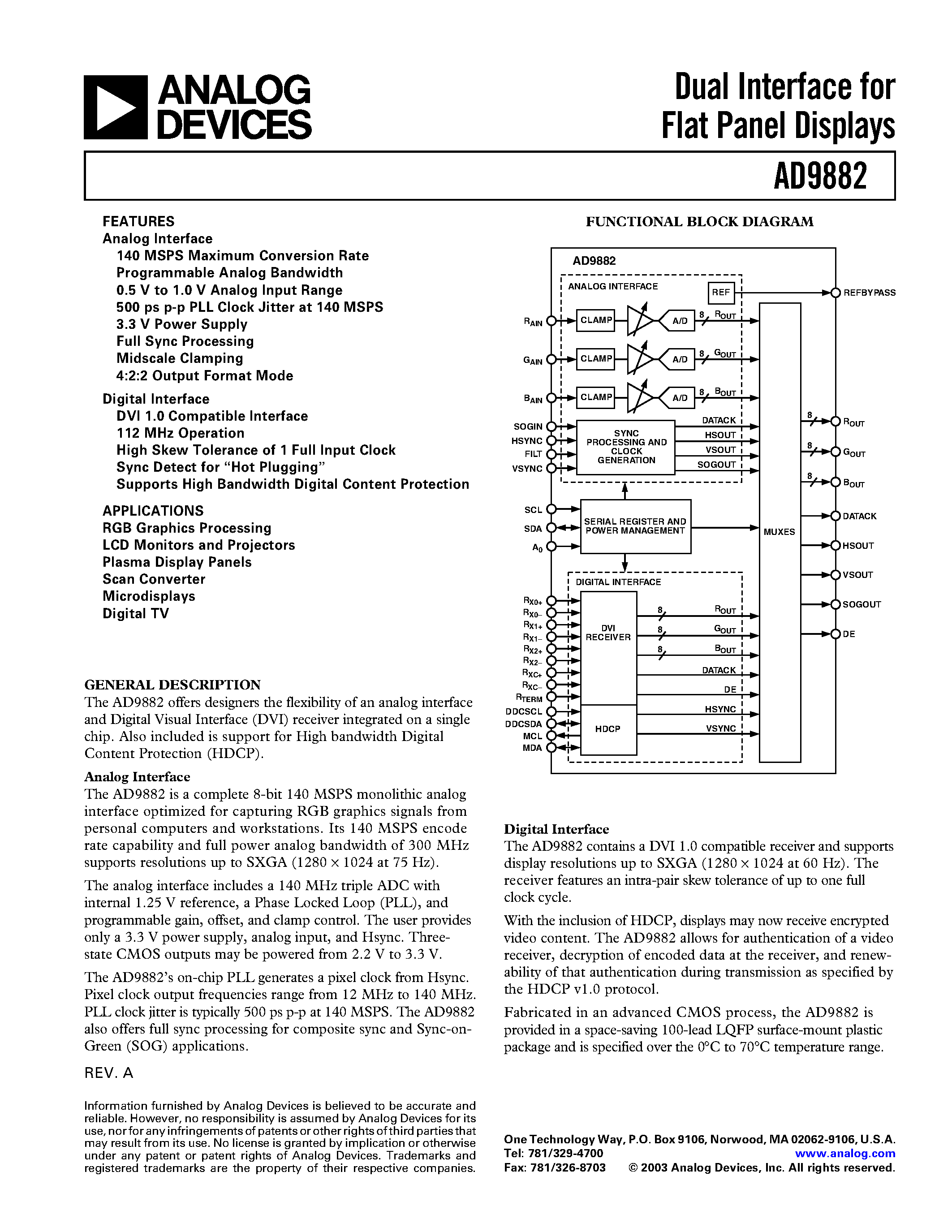 Datasheet AD9882 - Dual Interface for Flat Panel Displays page 1