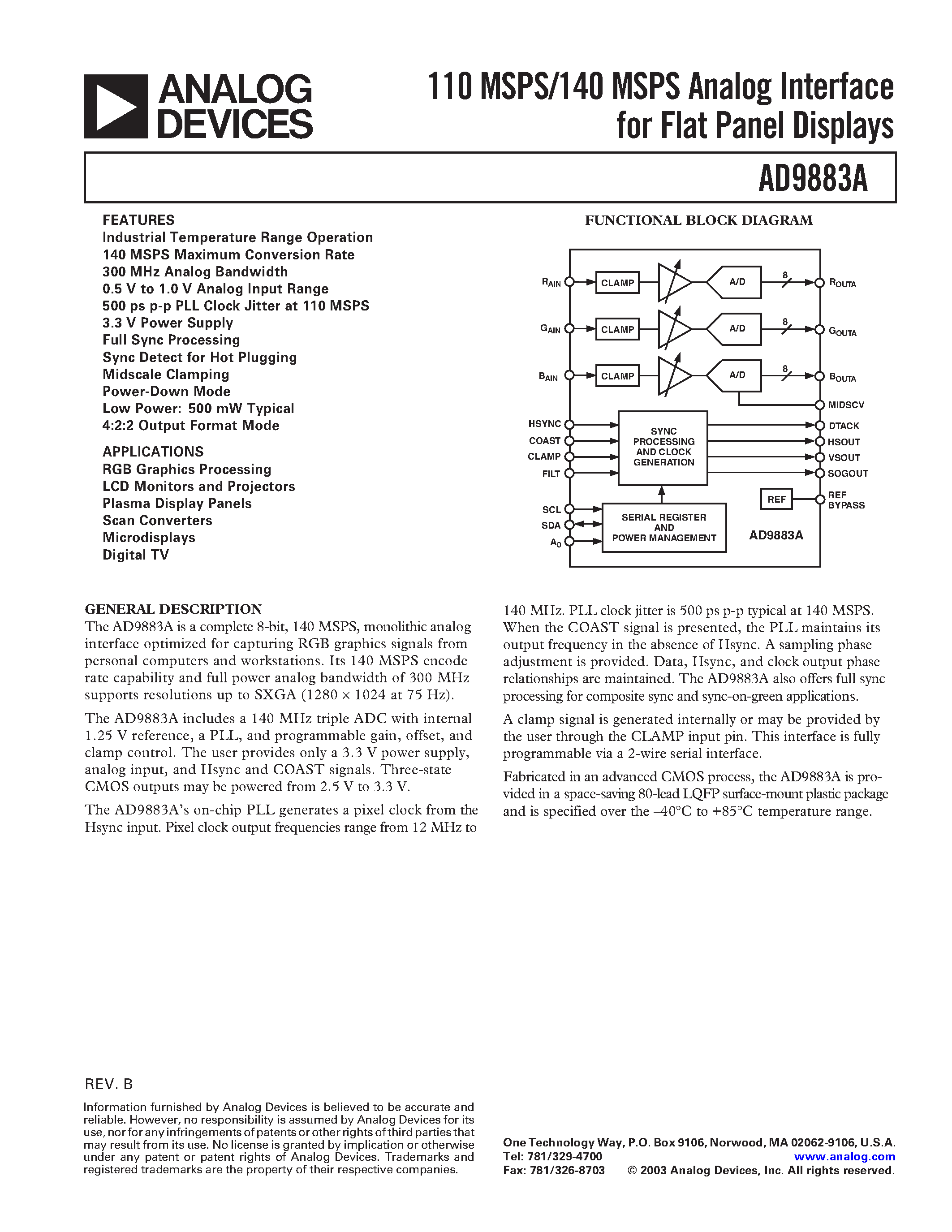 Datasheet AD9883A - 110 MSPS/140 MSPS Analog Interface for Flat Panel Displays page 1