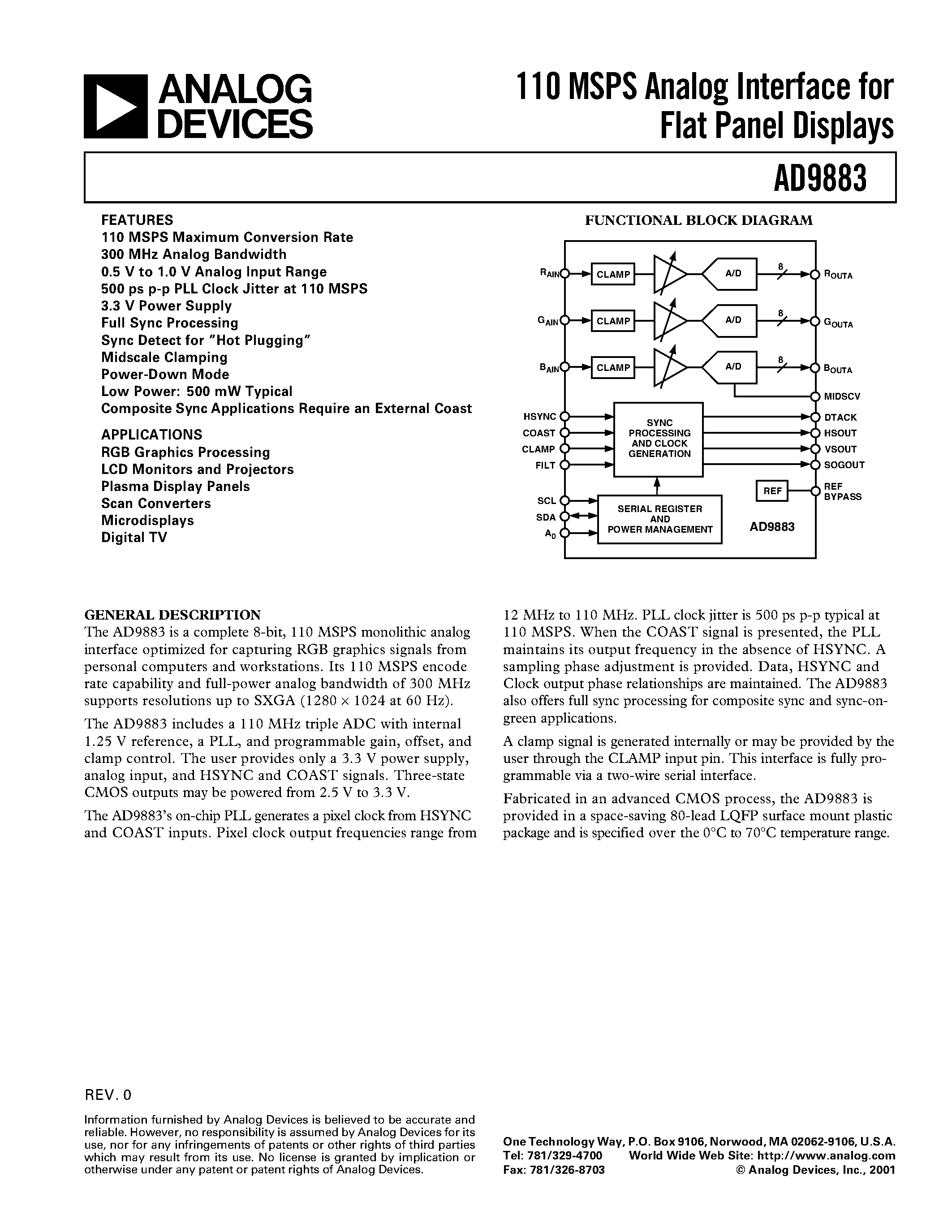 Datasheet AD9883KST-110 - 110 MSPS Analog Interface for Flat Panel Displays page 1