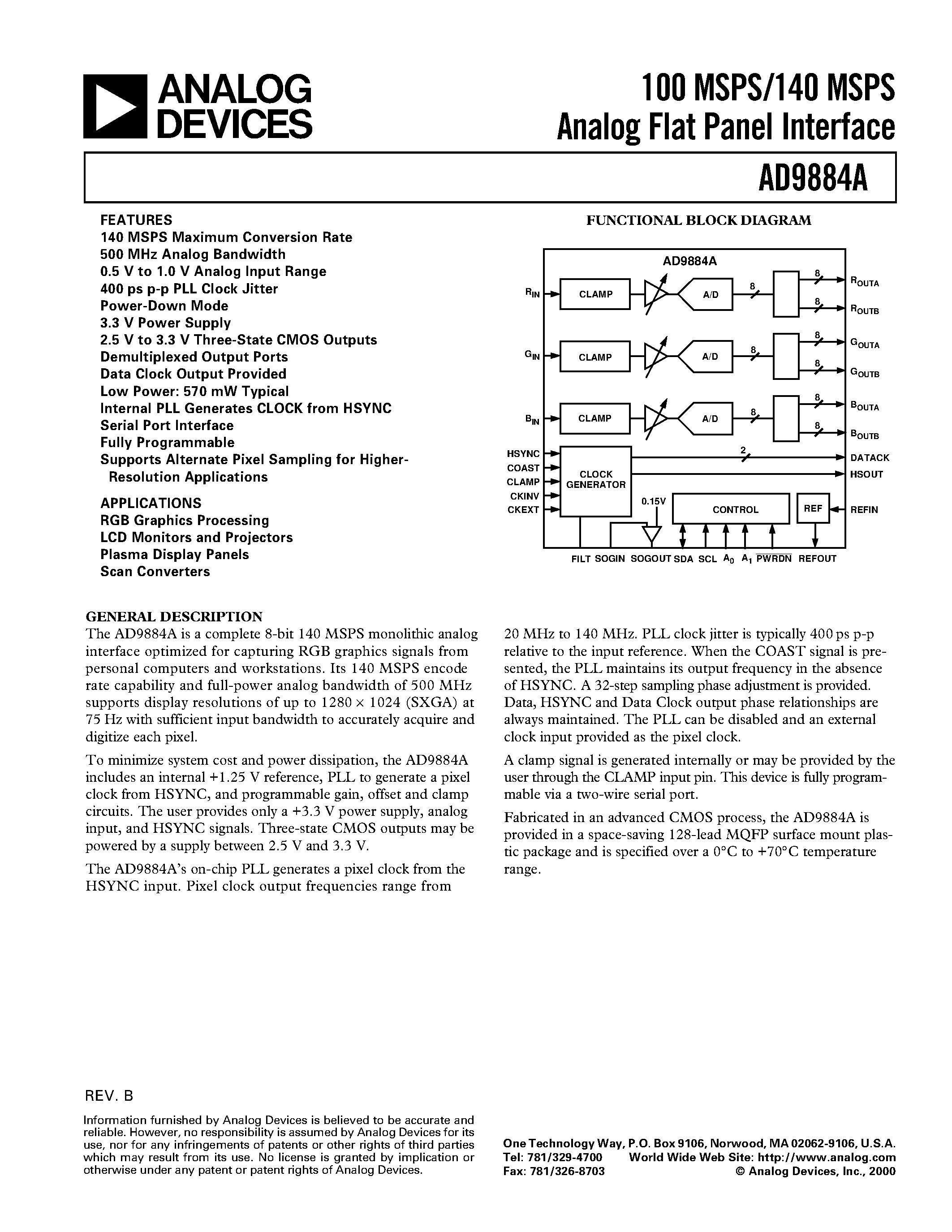 Datasheet AD9884 - 100 MSPS/140 MSPS Analog Flat Panel Interface page 1