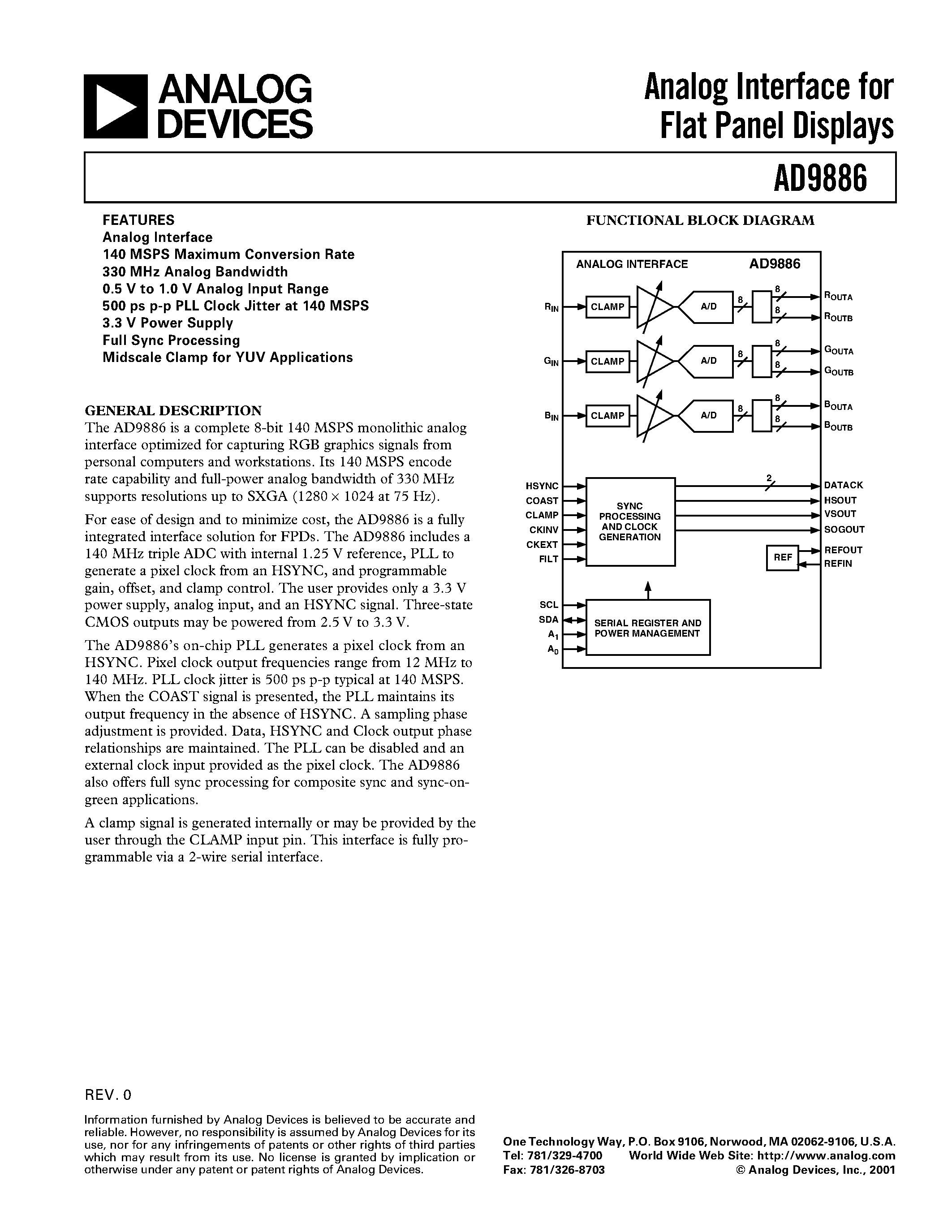 Datasheet AD9886 - Analog Interface for Flat Panel Displays page 1