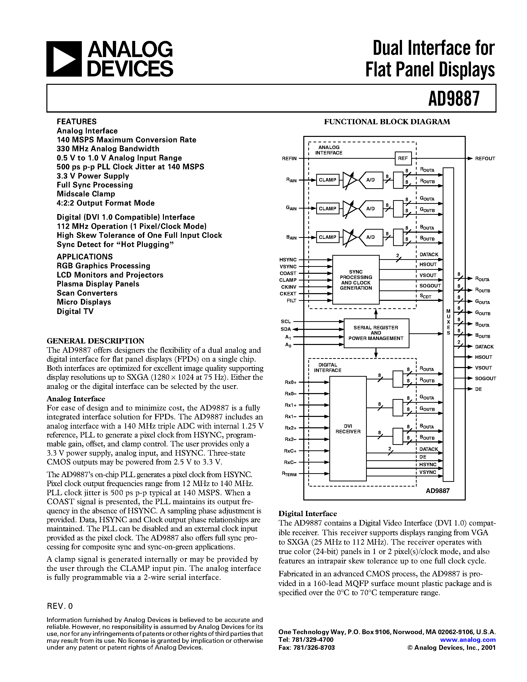 Datasheet AD9887 - Dual Interface for Flat Panel Displays page 1