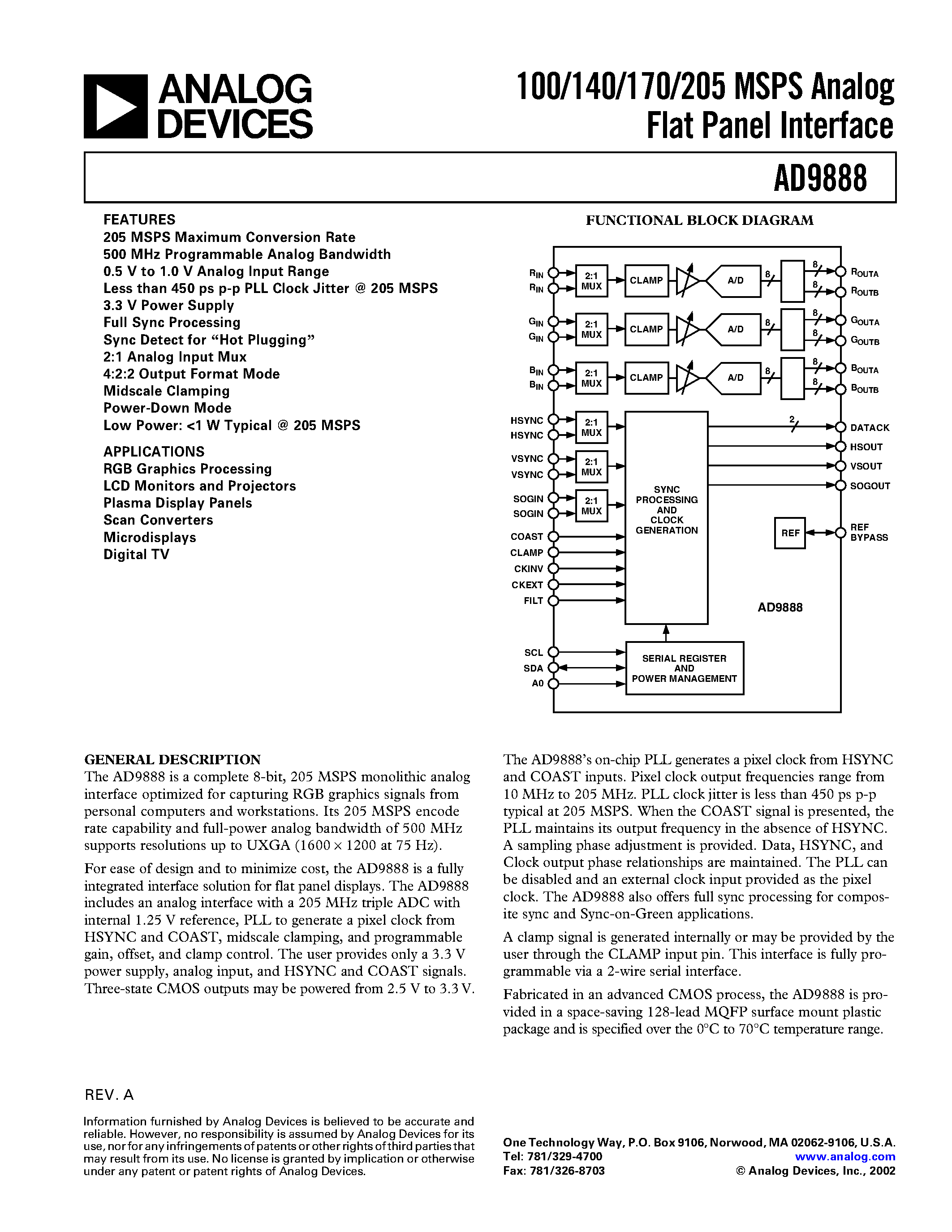 Datasheet AD9888 - 100/140/170/205 MSPS Analog Flat Panel Interface page 1