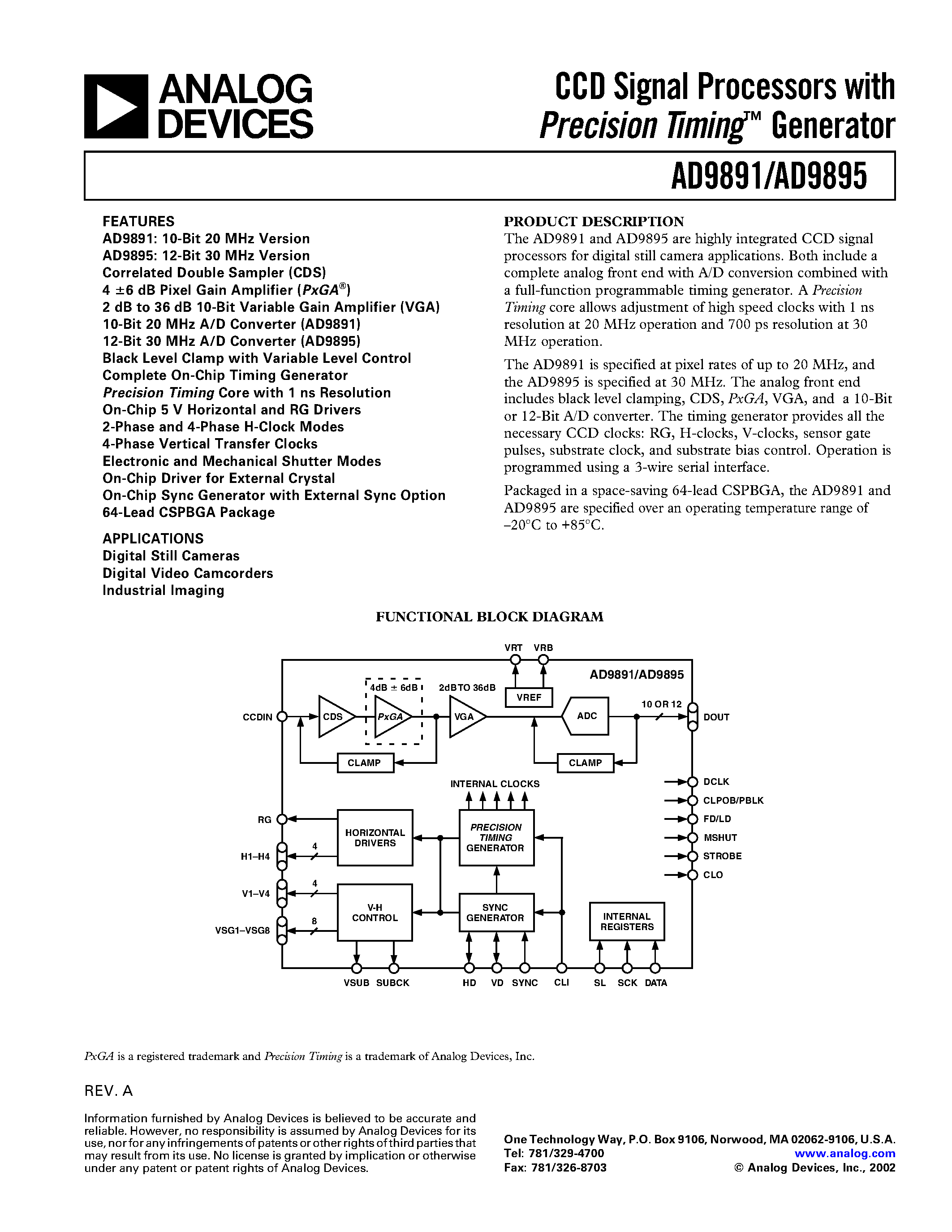 Datasheet AD9891 - CCD Signal Processors with Precision Timing Generator page 1