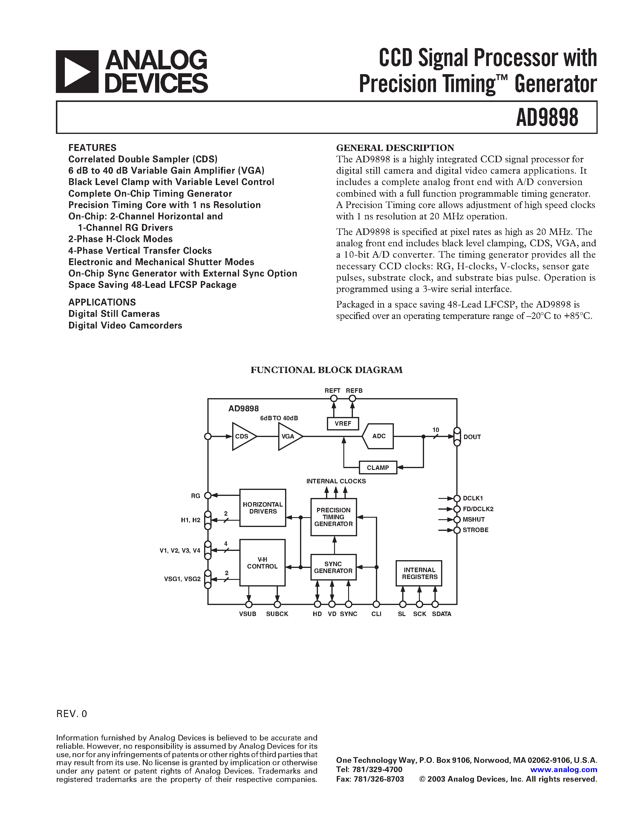 Datasheet AD9898KCP-20 - CCD Signal Processor with Precision Timing Generator page 1