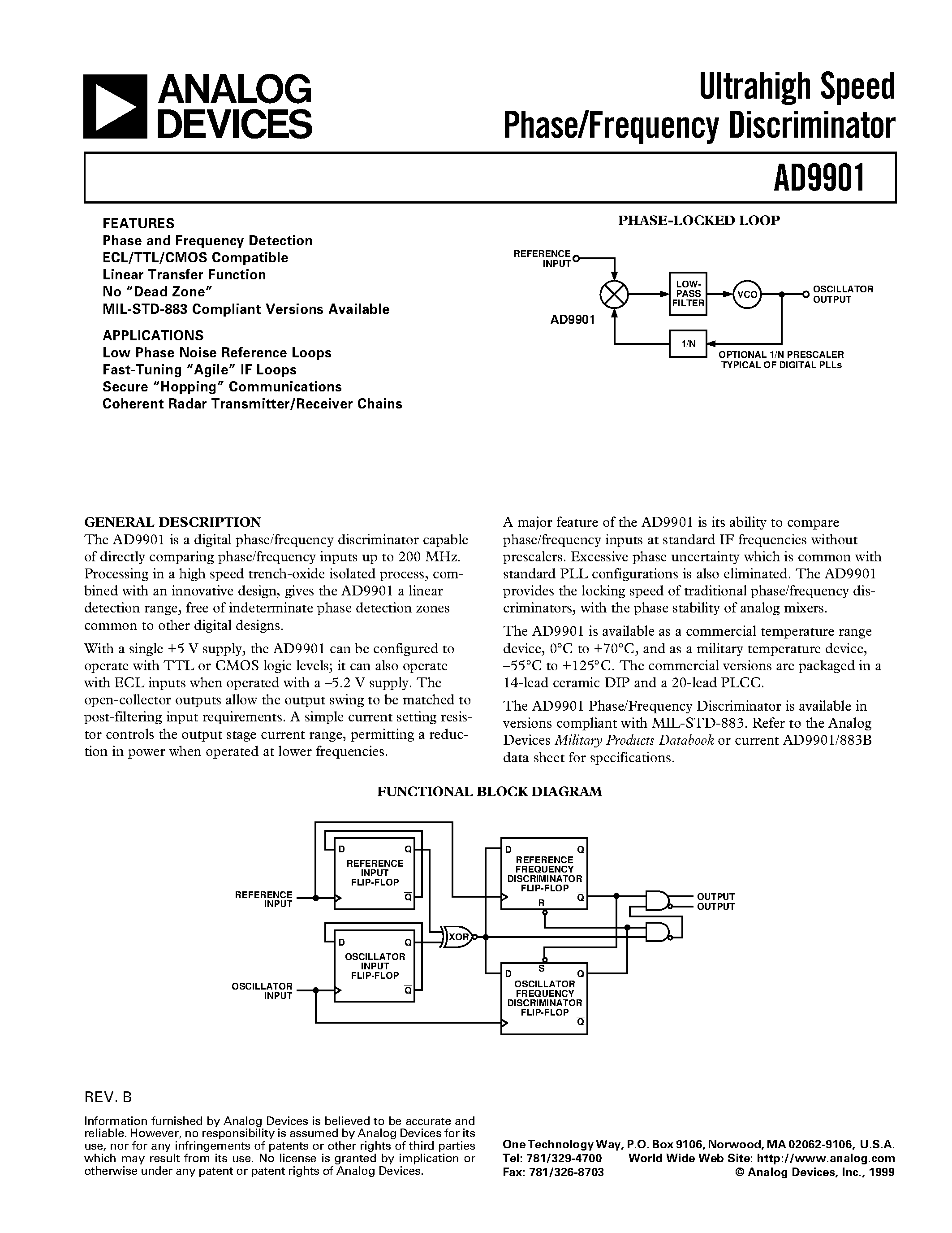 Datasheet AD9901 - Ultrahigh Speed Phase/Frequency Discriminator page 1