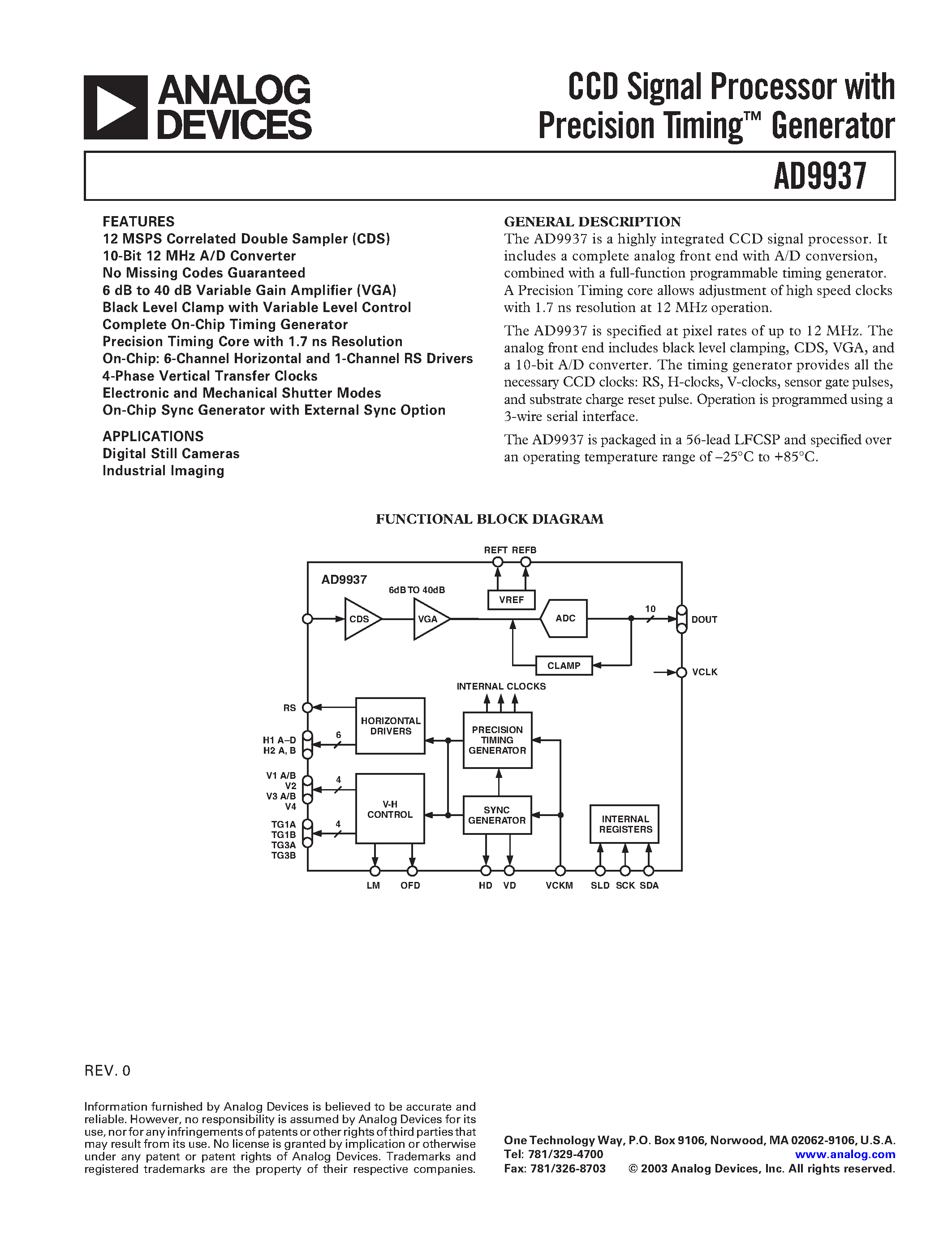 Datasheet AD9937 - CCD Signal Processor with Precision Timing Generator page 1