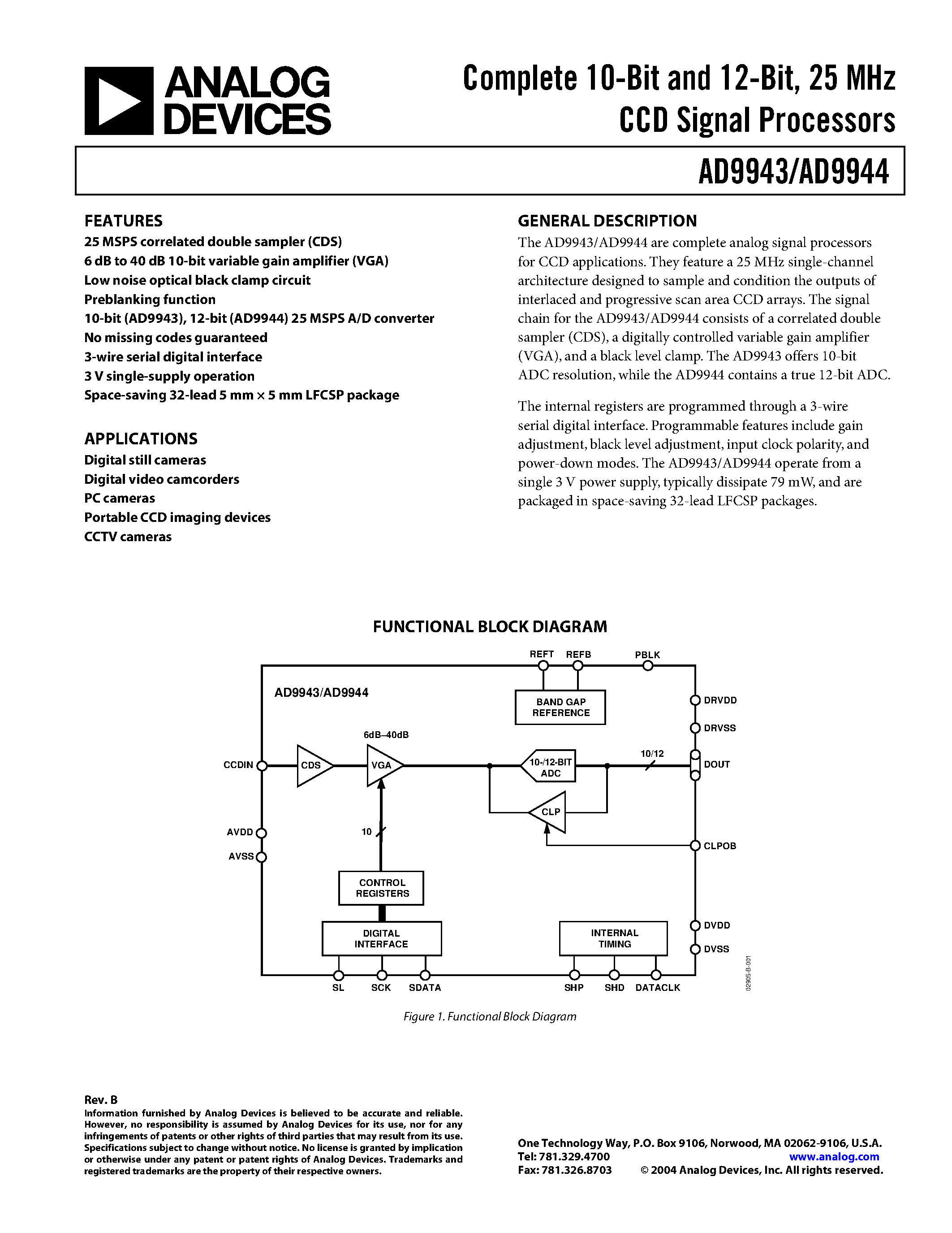 Datasheet AD9943 - Complete 10-Bit and 12-Bit/ 25 MHz CCD Signal Processors page 1