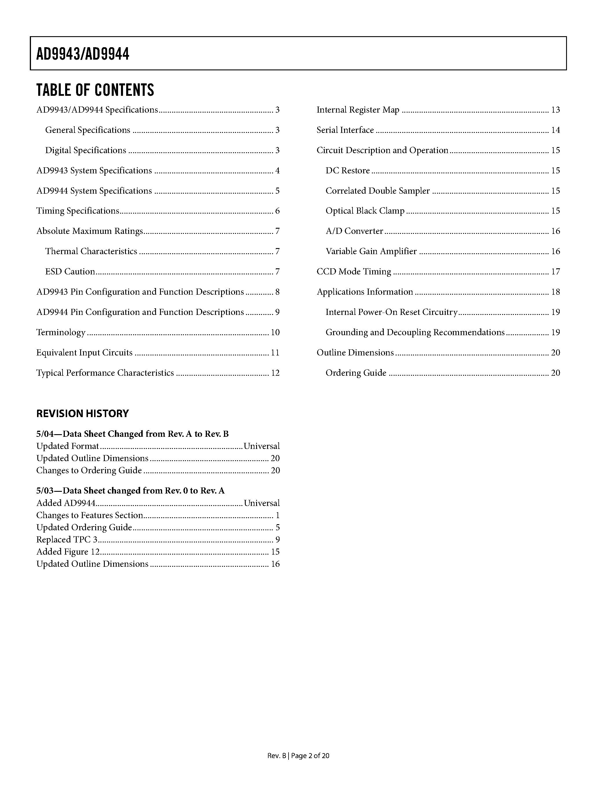 Datasheet AD9943 - Complete 10-Bit and 12-Bit/ 25 MHz CCD Signal Processors page 2