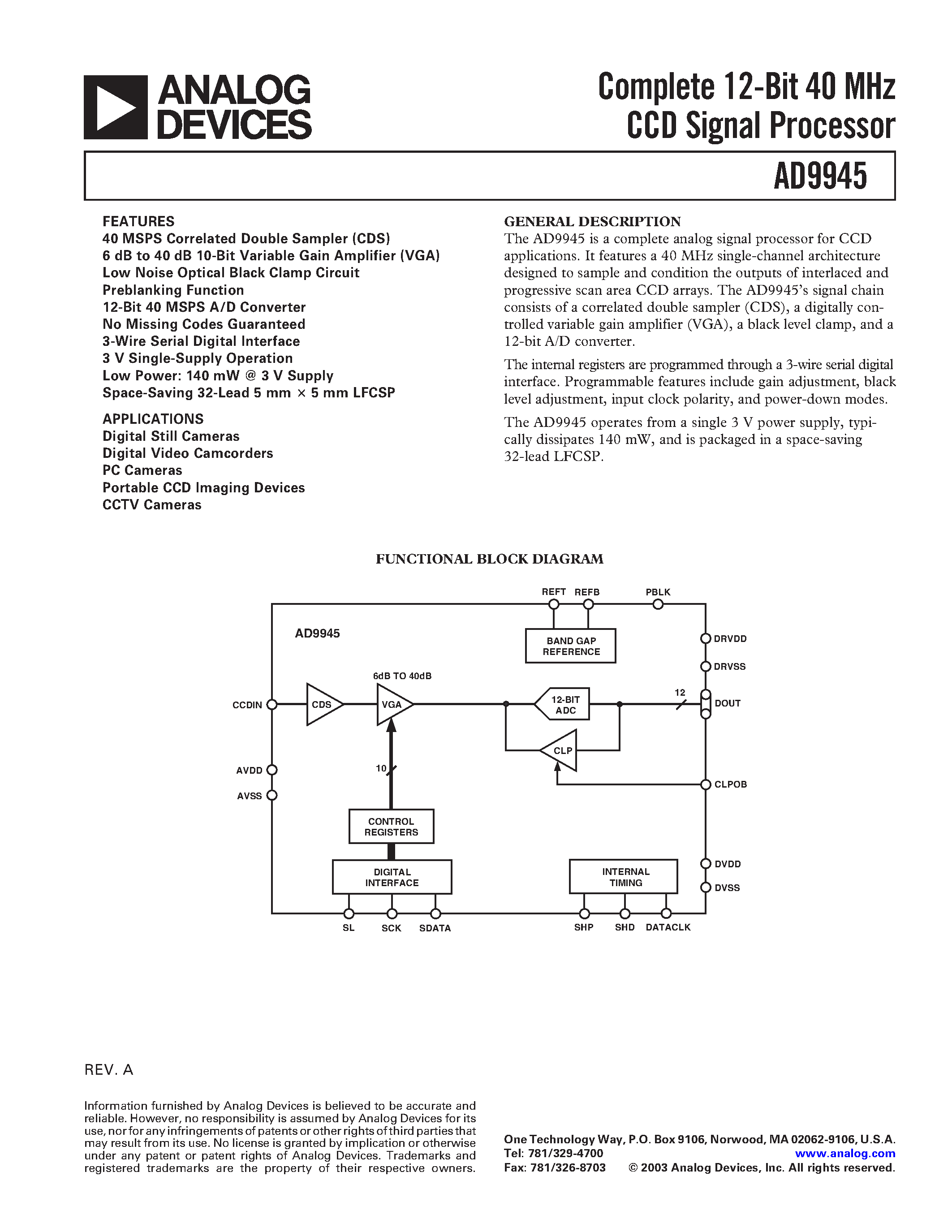 Datasheet AD9945 - Complete 12-Bit 40 MHz CCD Signal Processor page 1