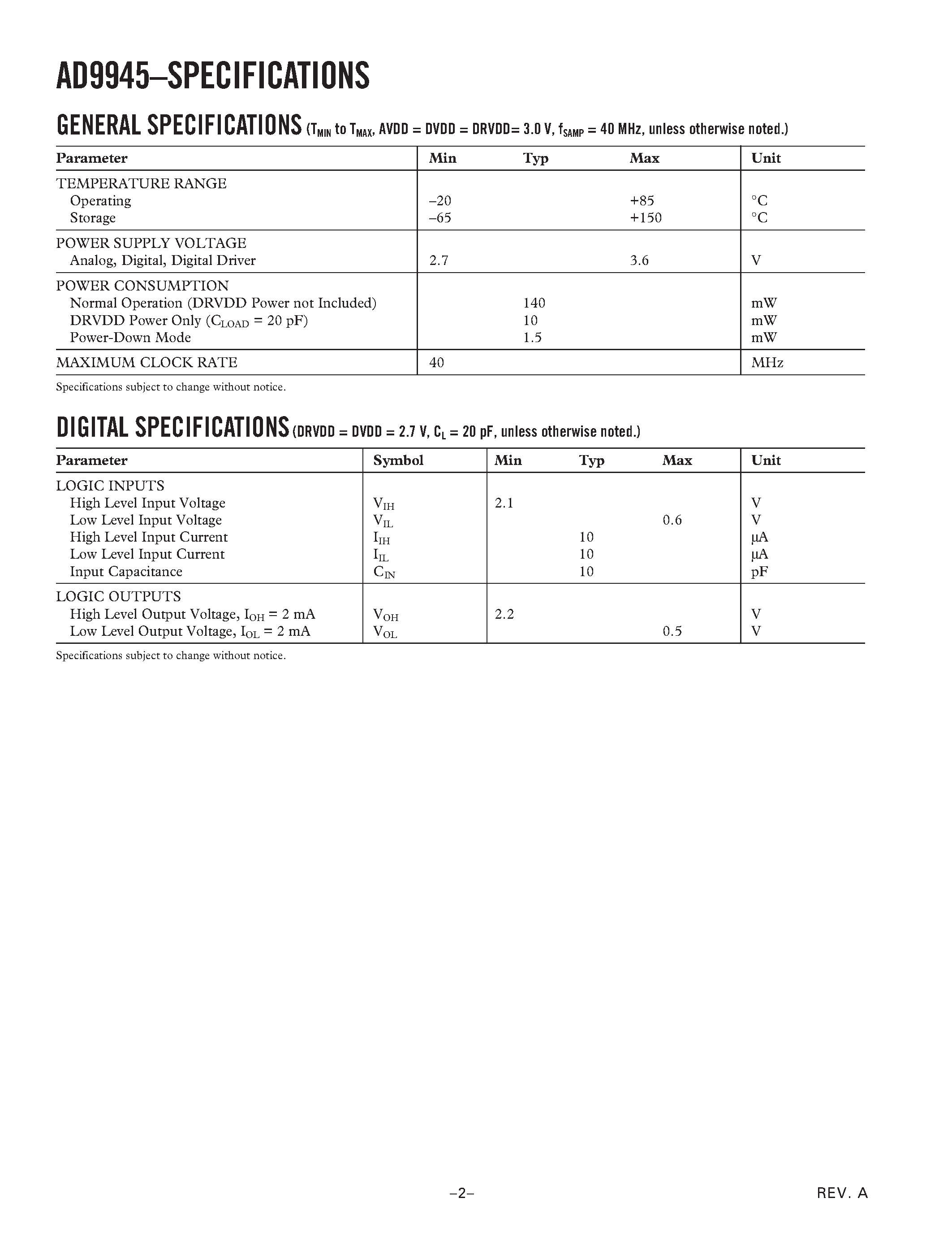 Datasheet AD9945KCP - Complete 12-Bit 40 MHz CCD Signal Processor page 2