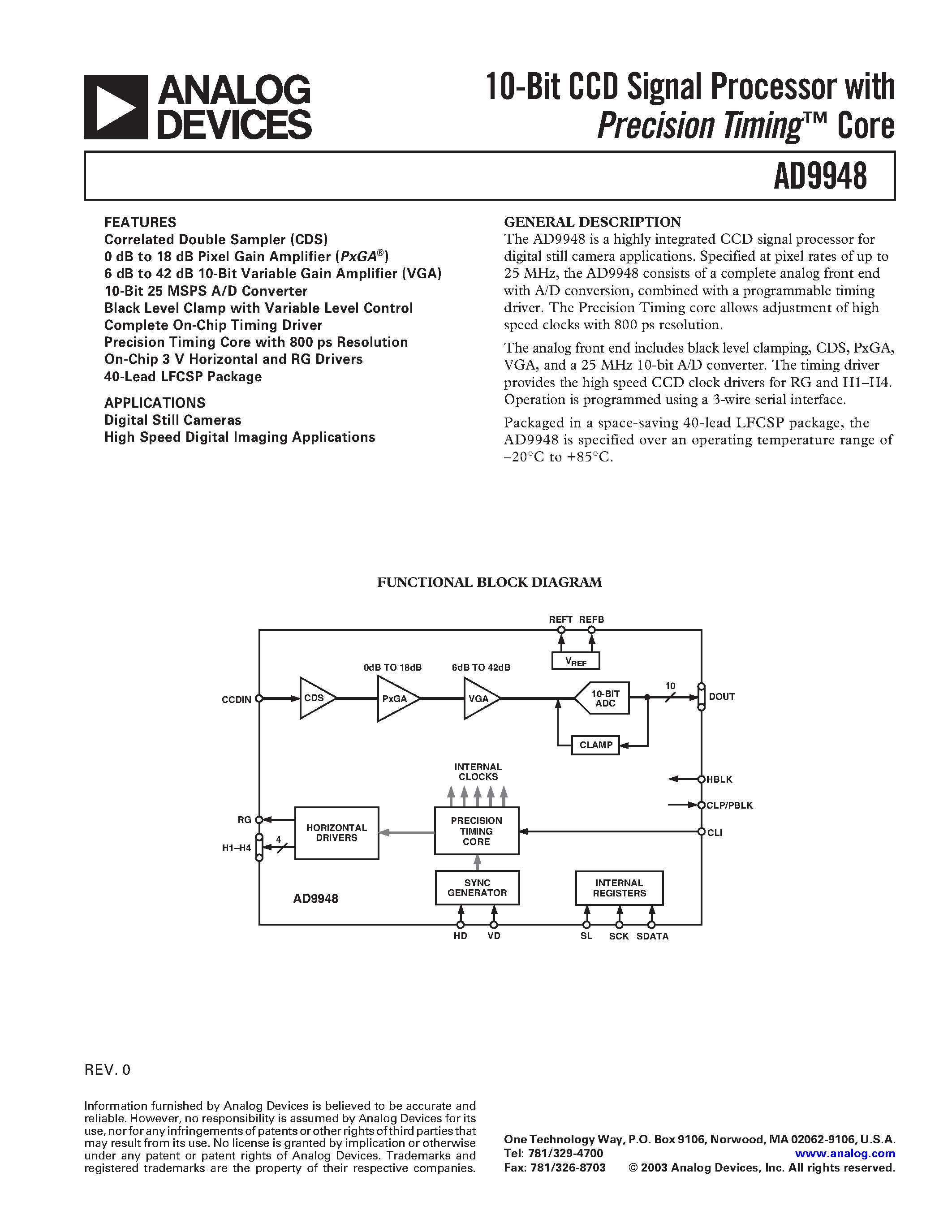 Datasheet AD9948 - 10-Bit CCD Signal Processor with Precision Timing Core page 1