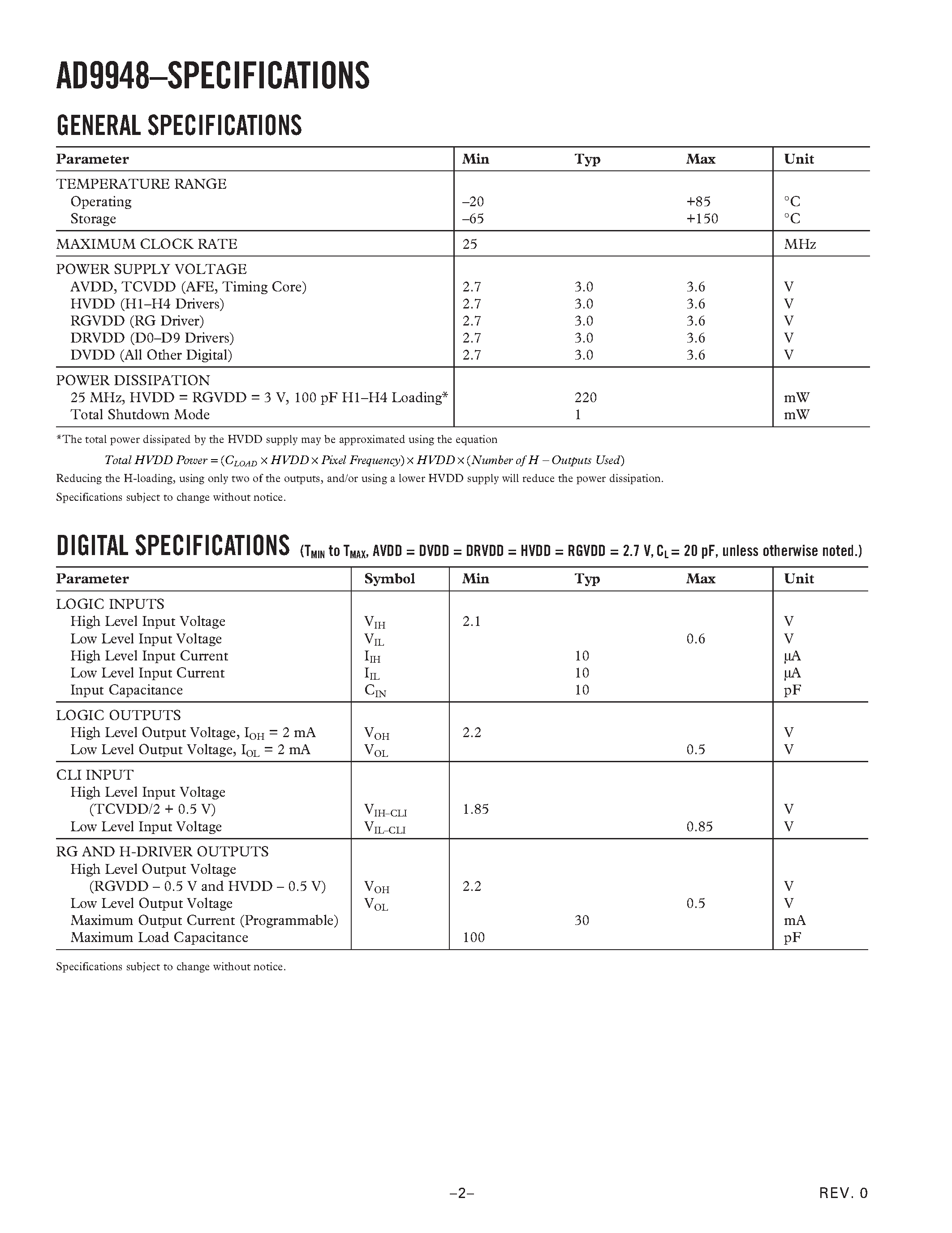 Datasheet AD9948KCP - 10-Bit CCD Signal Processor with Precision Timing Core page 2