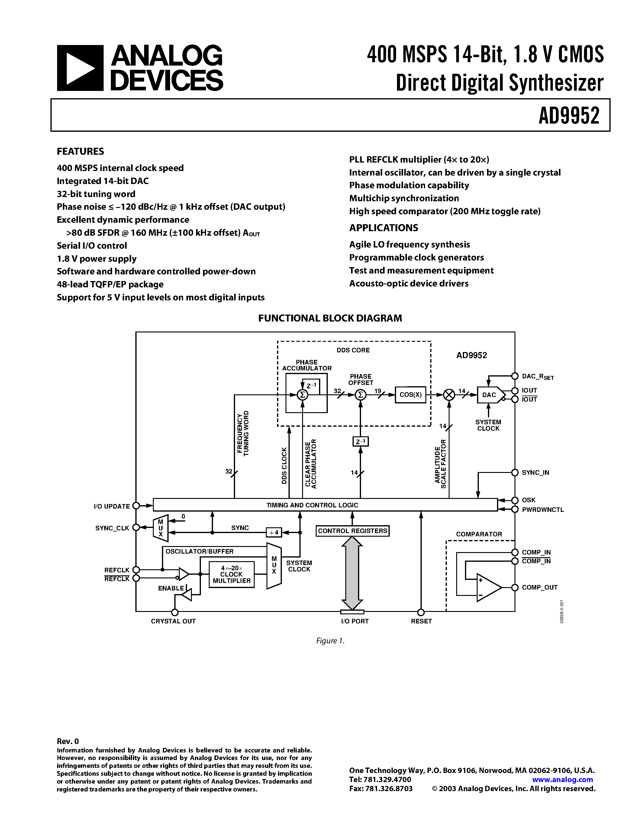 Datasheet AD9952 - 400 MSPS 14-Bit/ 1.8 V CMOS Direct Digital Synthesizer page 1