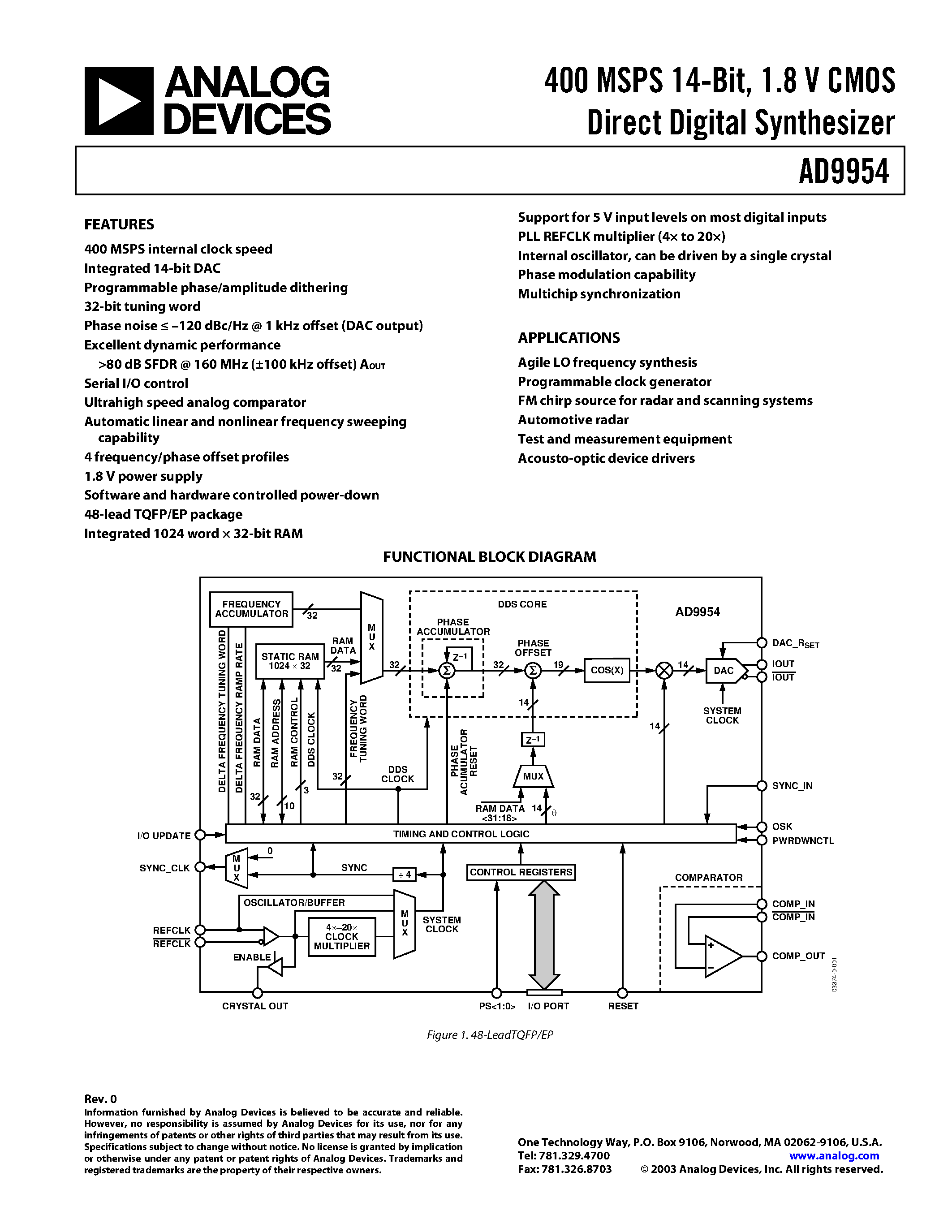 Datasheet AD9954 - 400 MSPS 14-Bit/ 1.8 V CMOS Direct Digital Synthesizer page 1