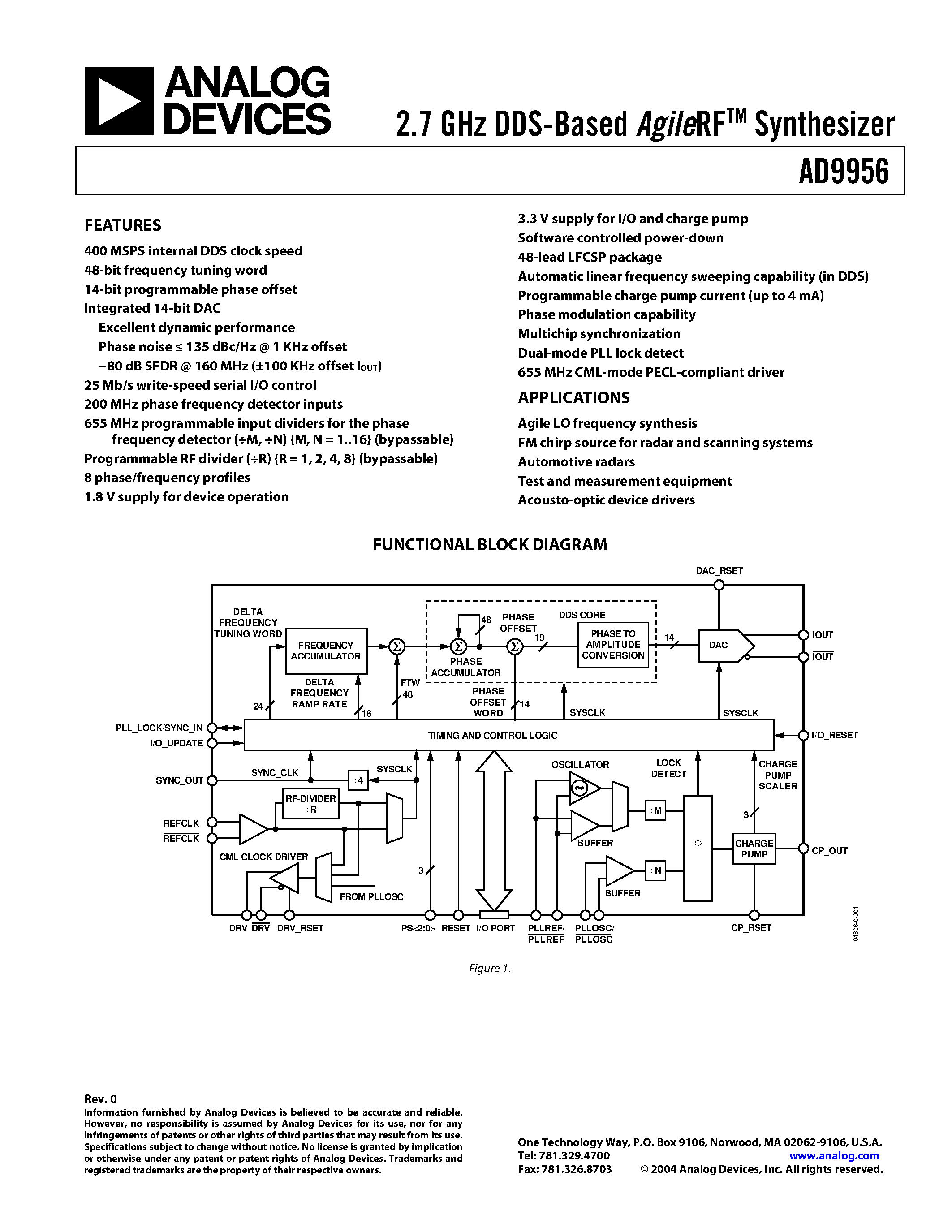 Datasheet AD9956 - 2.7 GHz DDS-Based AgileRF page 1