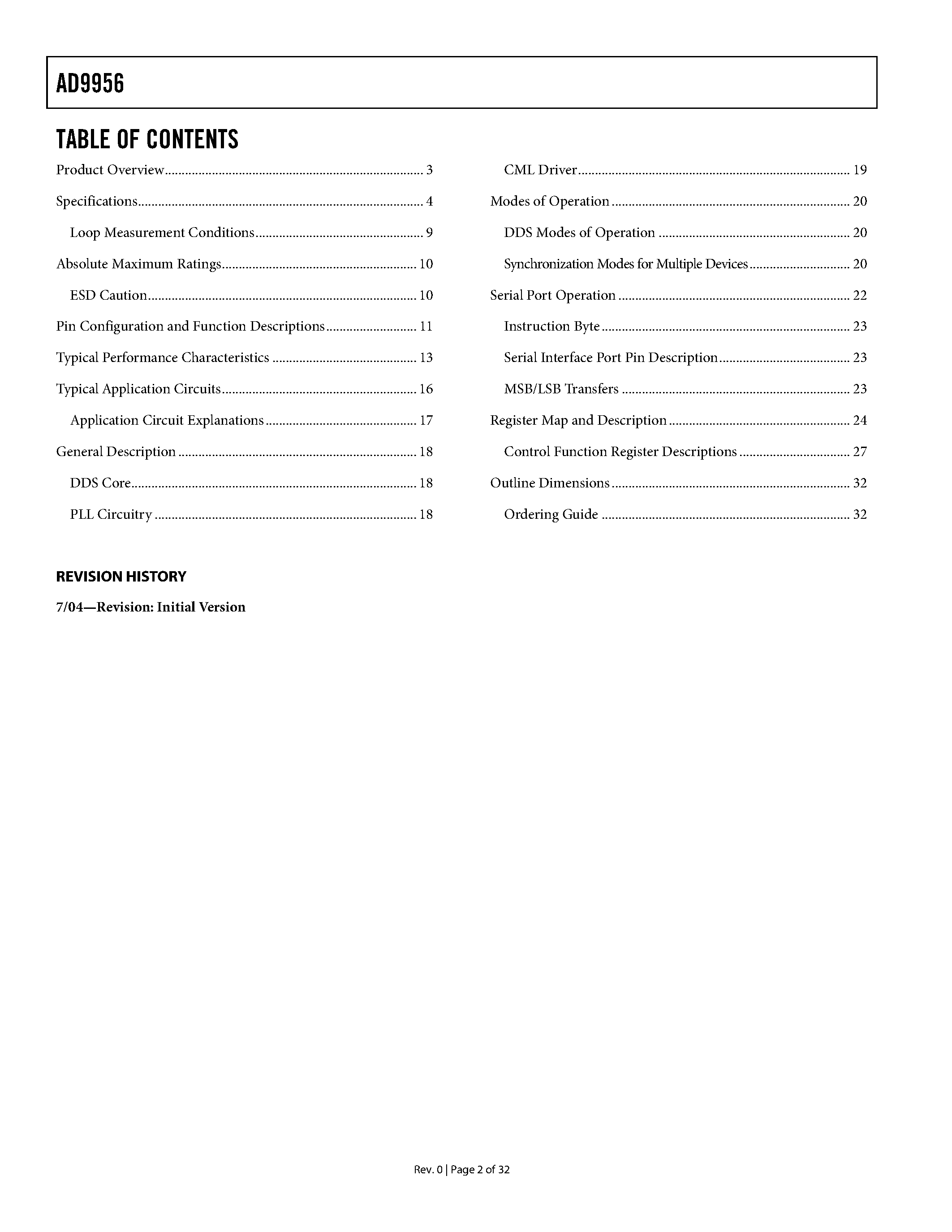 Datasheet AD9956 - 2.7 GHz DDS-Based AgileRF page 2