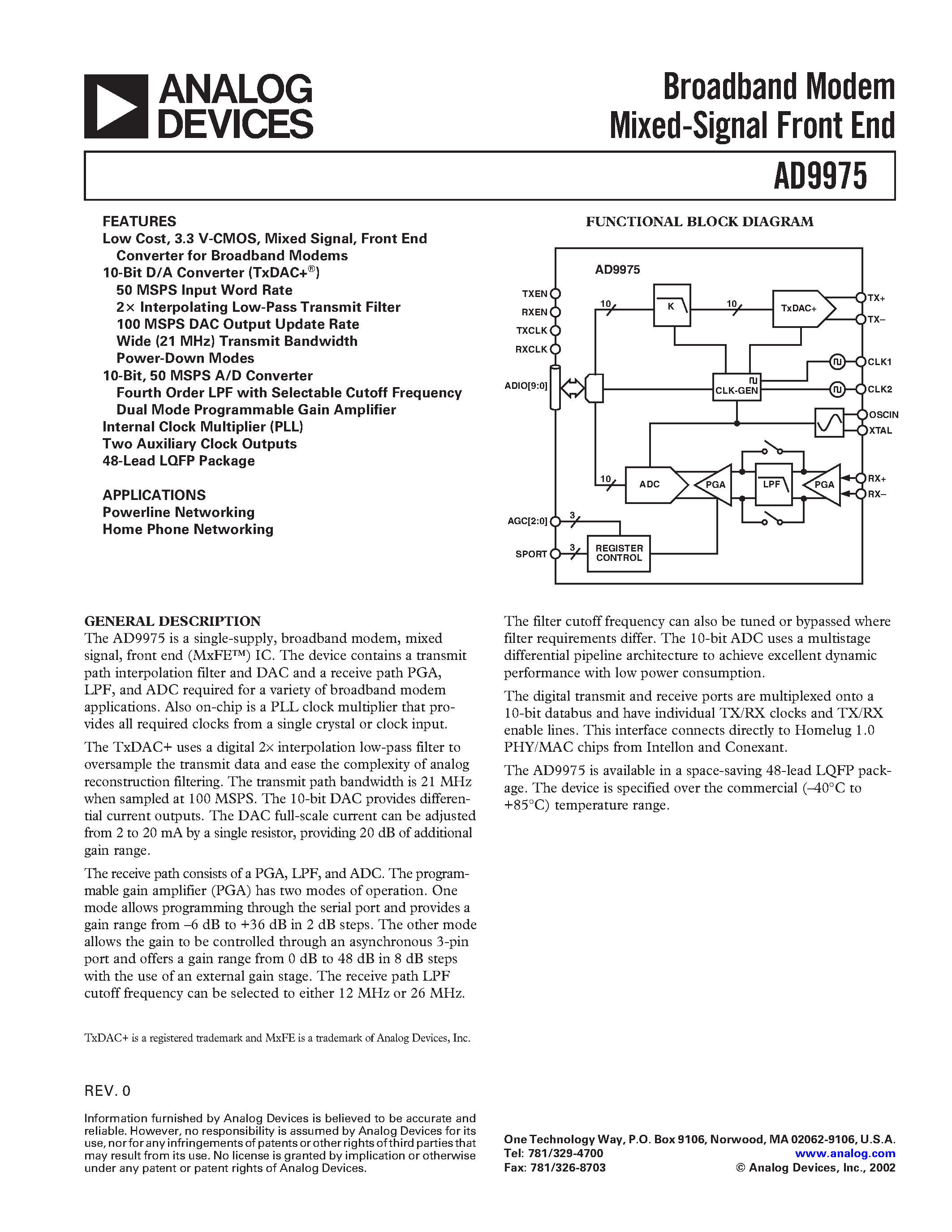 Даташит AD9975 - Broadband Modem Mixed-Signal Front End страница 1