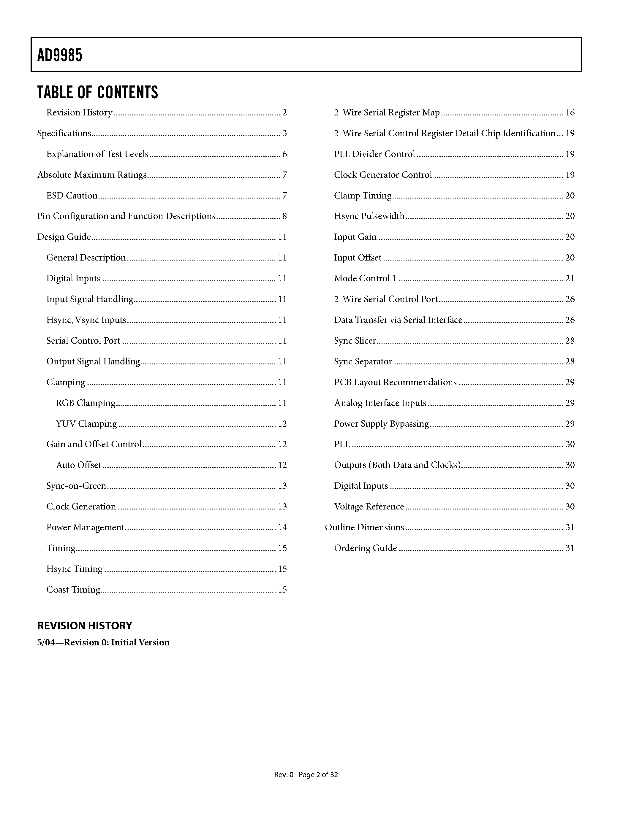 Datasheet AD9985 - 110 MSPS/140 MSPS Analog Interface for Flat Panel Displays page 2