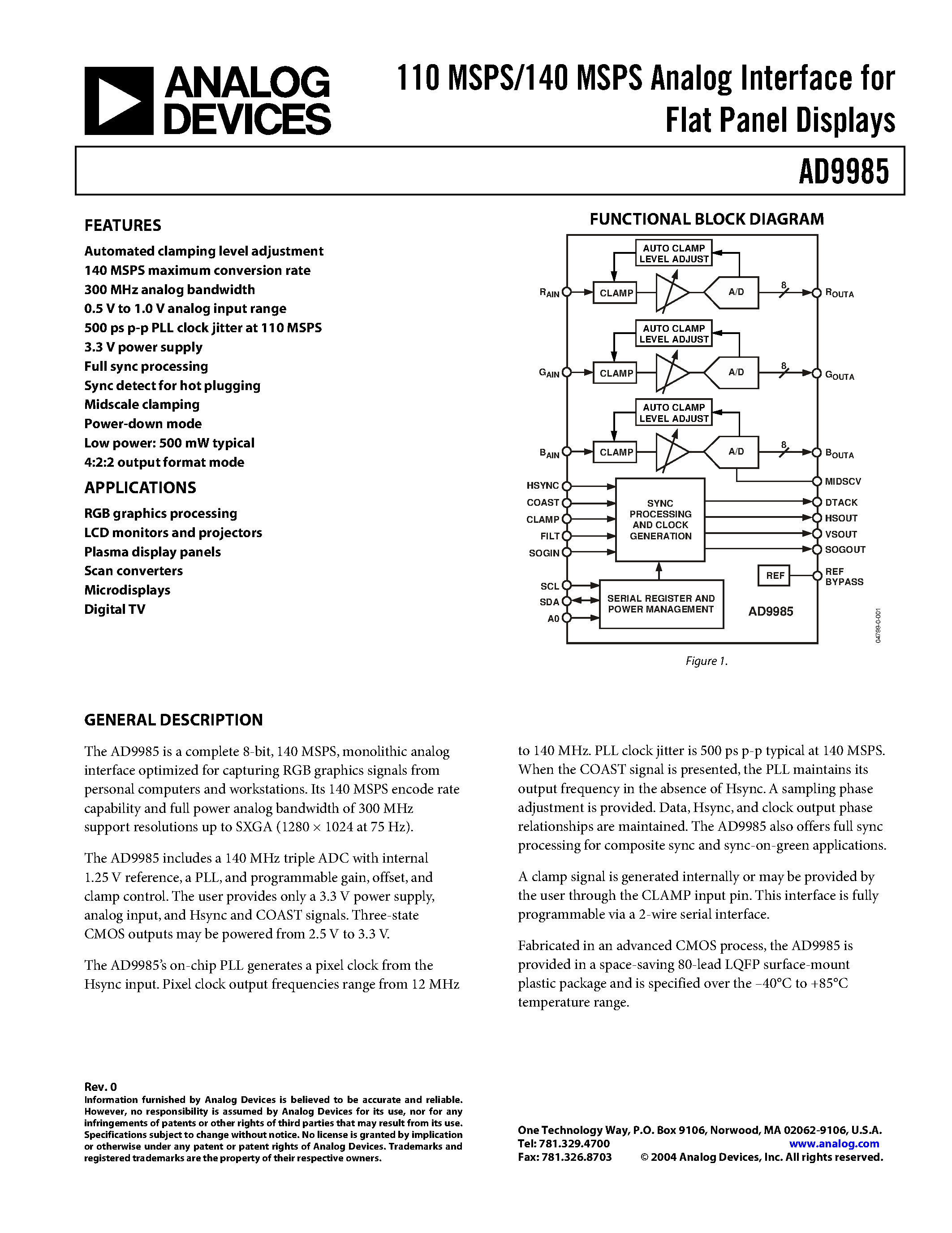 Datasheet AD9985KSTZ-110 - 110 MSPS/140 MSPS Analog Interface for Flat Panel Displays page 1