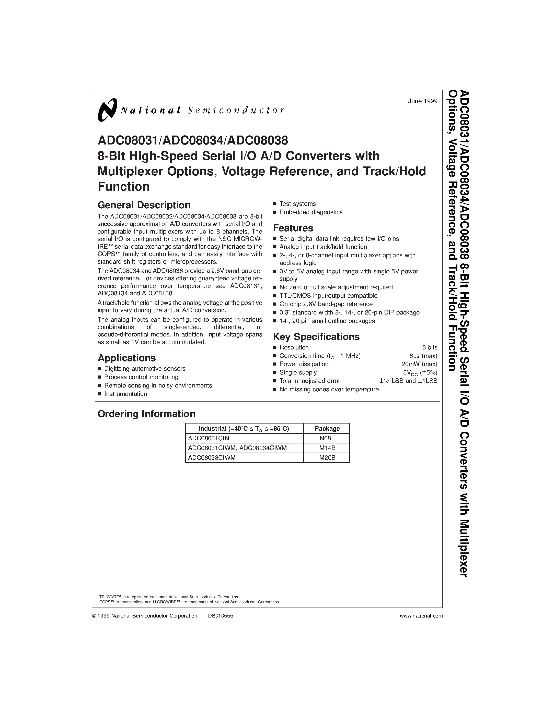 Даташит ADC08031 - 8-Bit High-Speed Serial I/O A/D Converters with Multiplexer Options/ <BR> Voltage Reference/ and Track/Hold Function страница 1