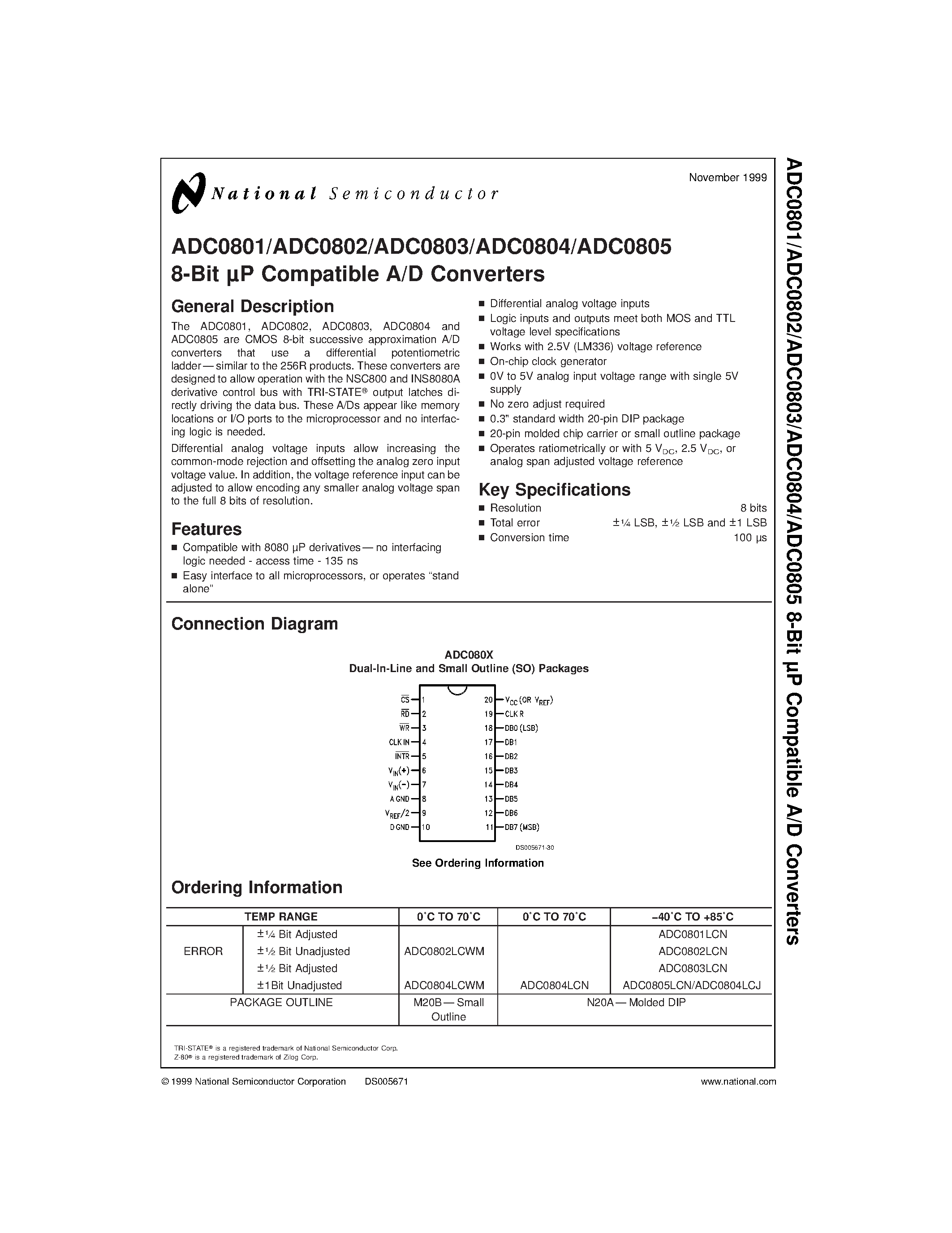 Datasheet ADC0804 page 1 Datasheet ADC0804 - 8 BIT UP COMPATIBLE A/D CONVERTERS page 1