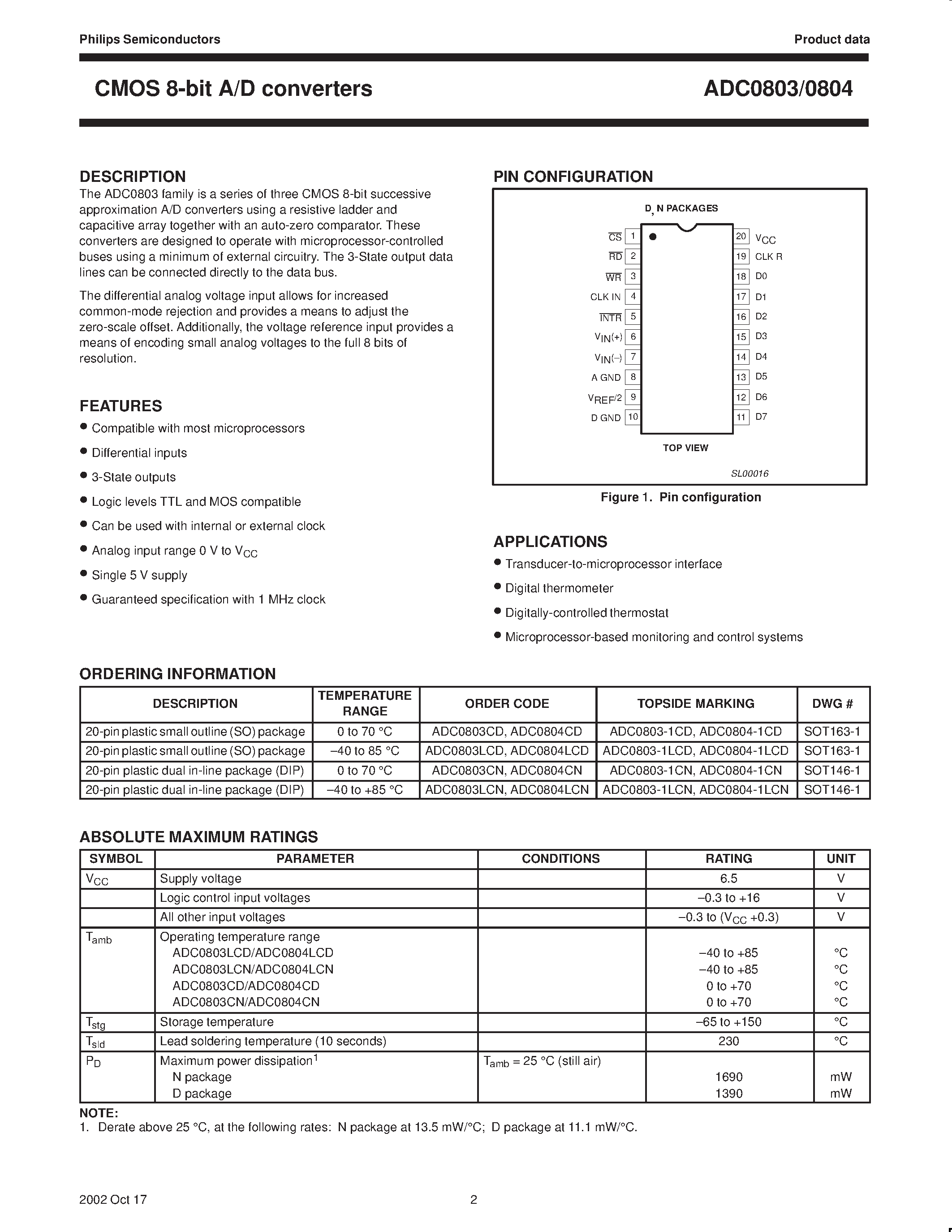 Datasheet ADC0804-1LCN page 2 Datasheet ADC0804-1LCN - CMOS 8-bit A/D converters page 2