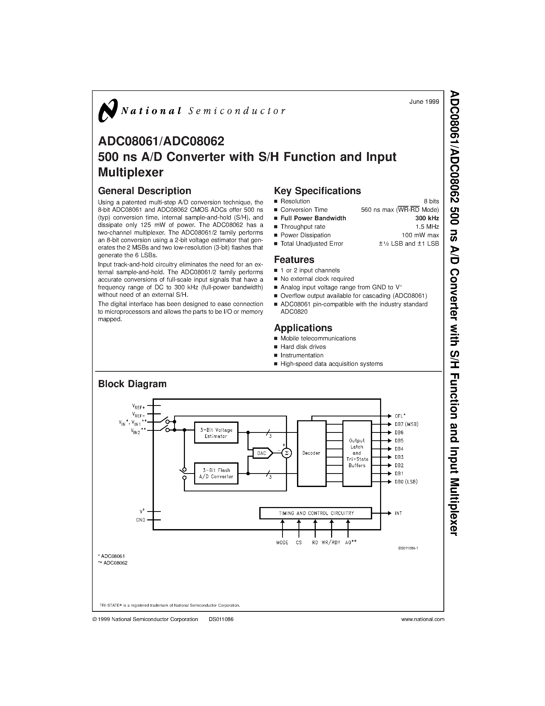 Даташит ADC08061BIN - 500 ns A/D Converter with S/H Function and Input Multiplexer страница 1