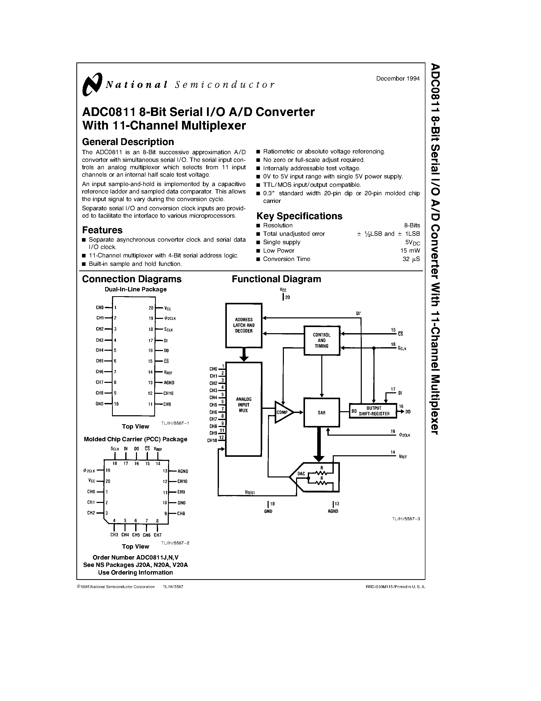 Даташит ADC0811 - 8-Bit Serial I/O A/D Converter With 11-Channel Multiplexer страница 1