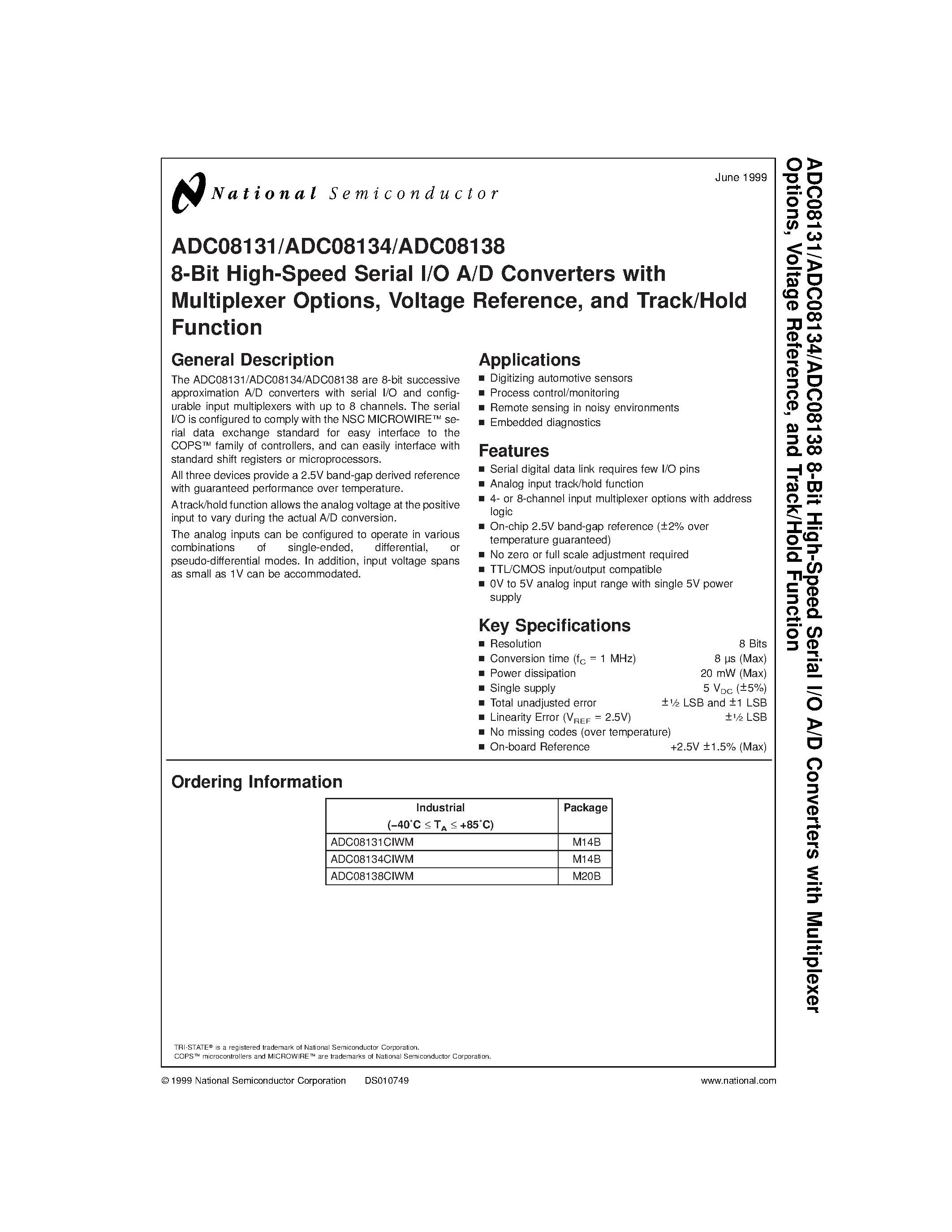 Даташит ADC08131 - 8-Bit High-Speed Serial I/O A/D Converters with Multiplexer Options/ Voltage Reference/ and Track/Hold Function страница 1