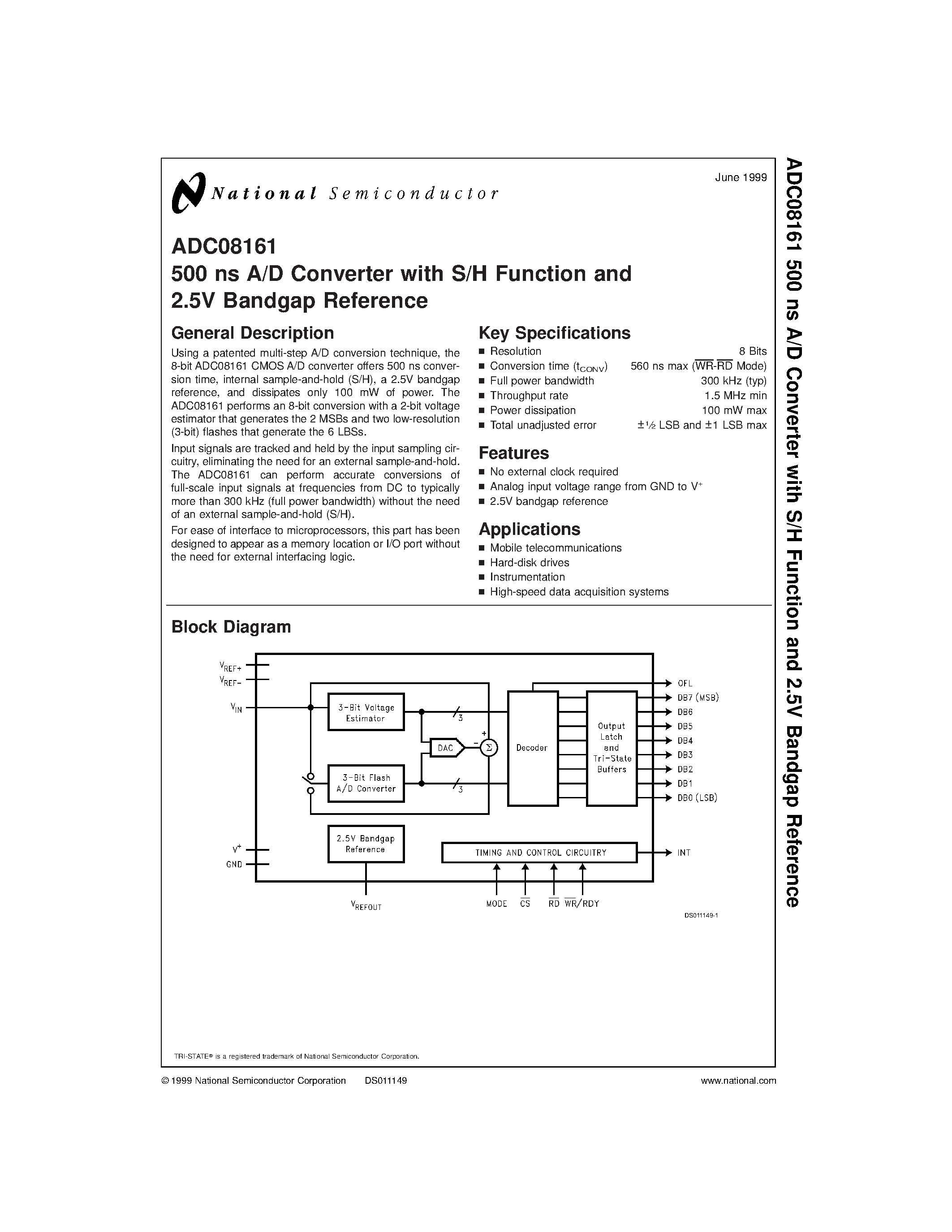 Даташит ADC08161 - 500 ns A/D Converter with S/H Function and 2.5V Bandgap Reference страница 1