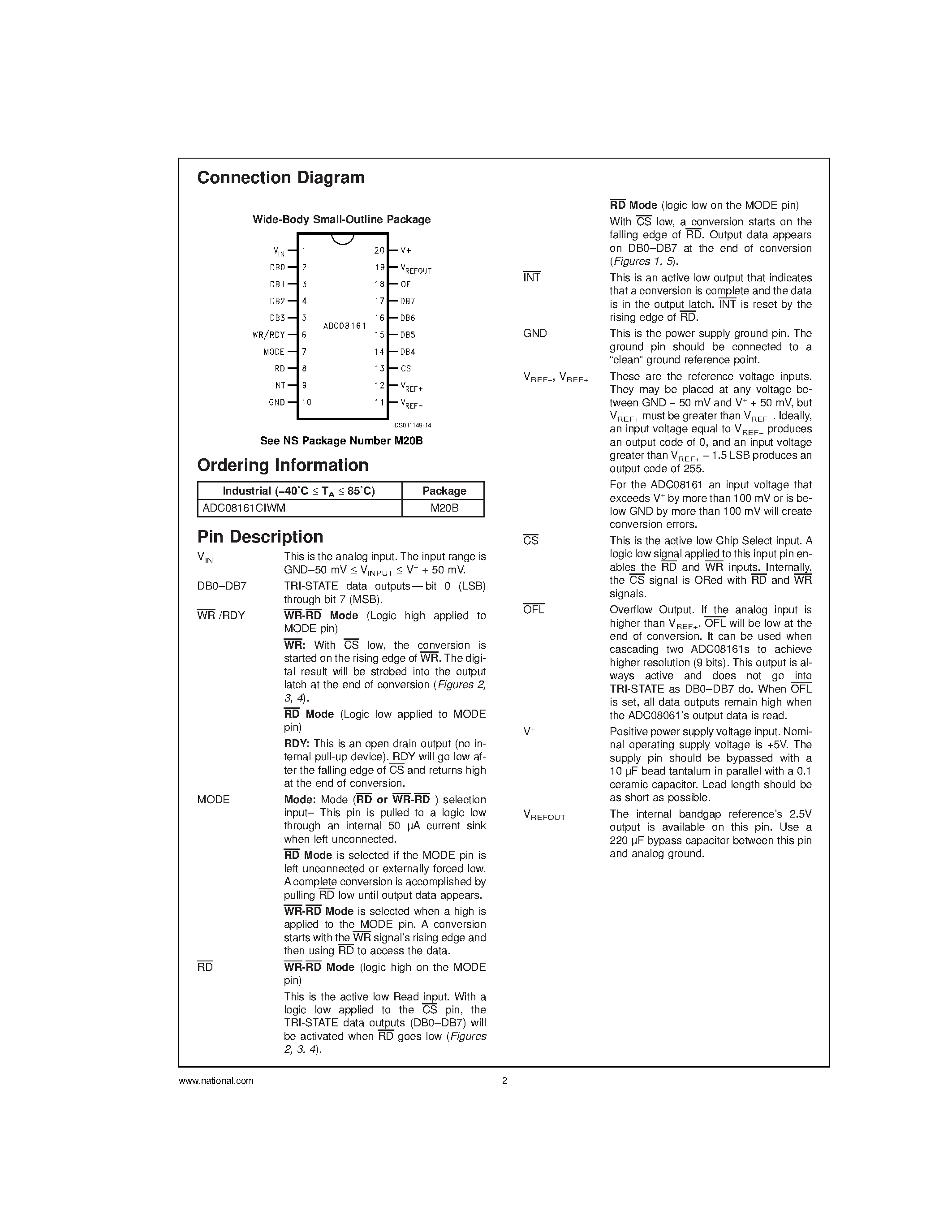 Даташит ADC08161 - 500 ns A/D Converter with S/H Function and 2.5V Bandgap Reference страница 2