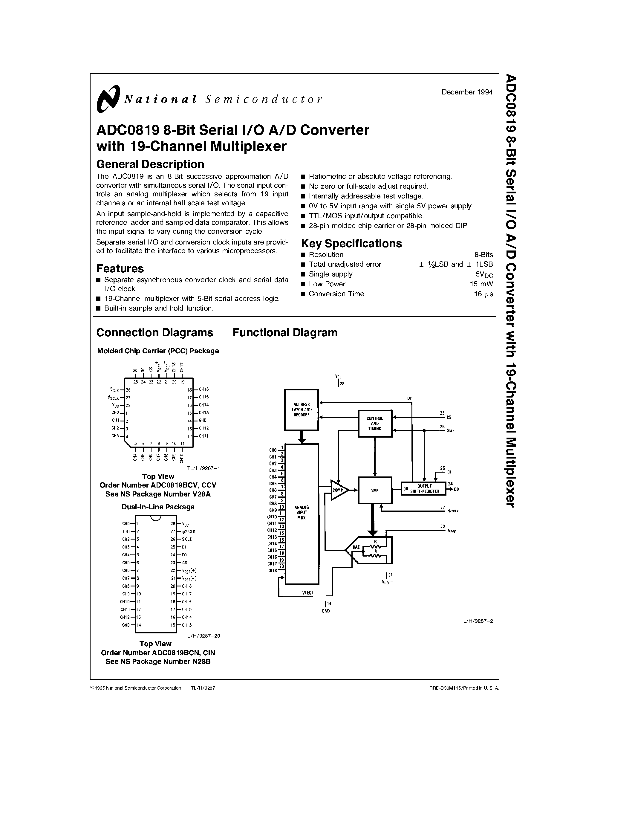 Даташит ADC0819 - 8-Bit Serial I/O A/D Converter with 19-Channel Multiplexer страница 1